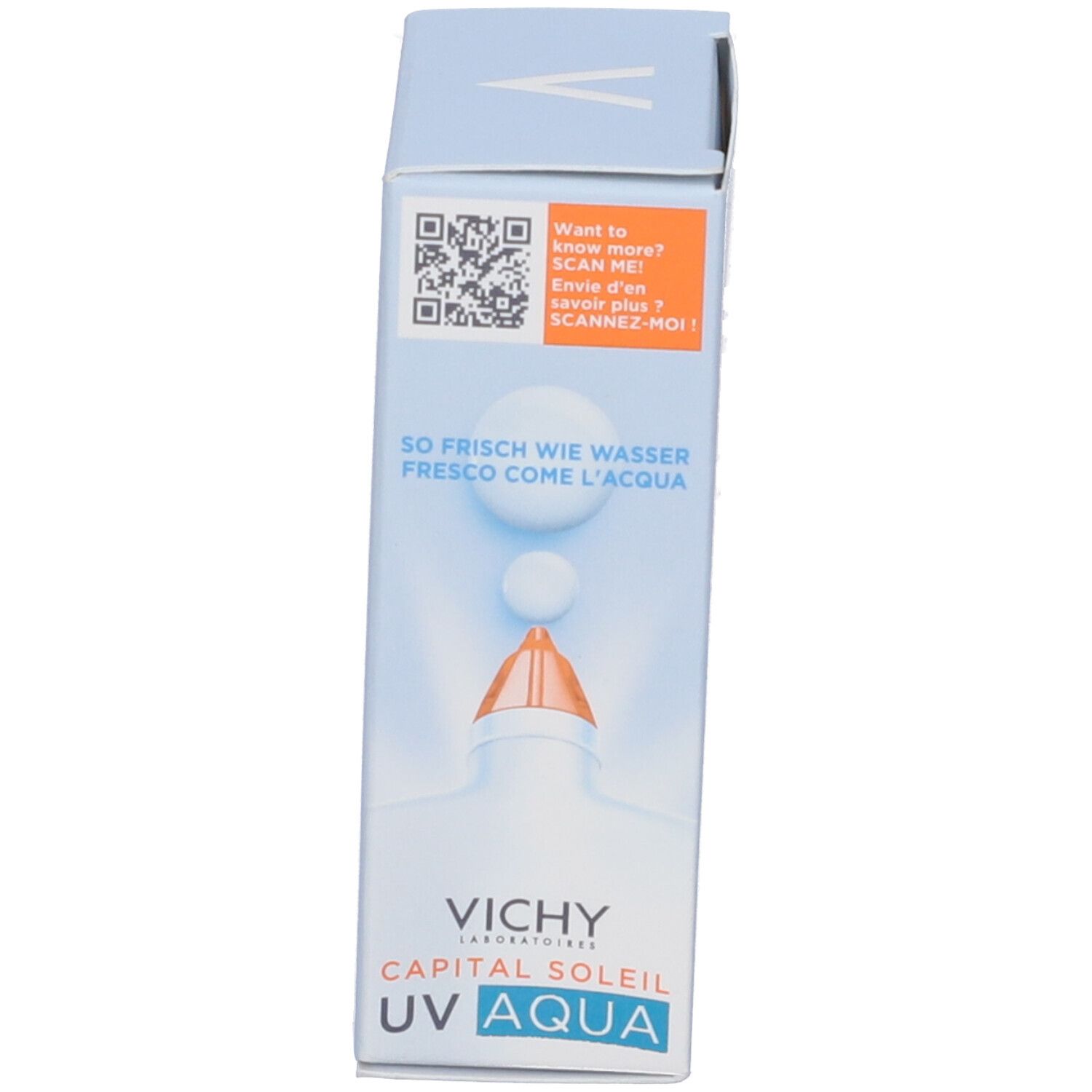 Lato scatola. Codice QR. Testo: Fresco come l'acqua. Vichy, Capital Soleil UV Aqua.