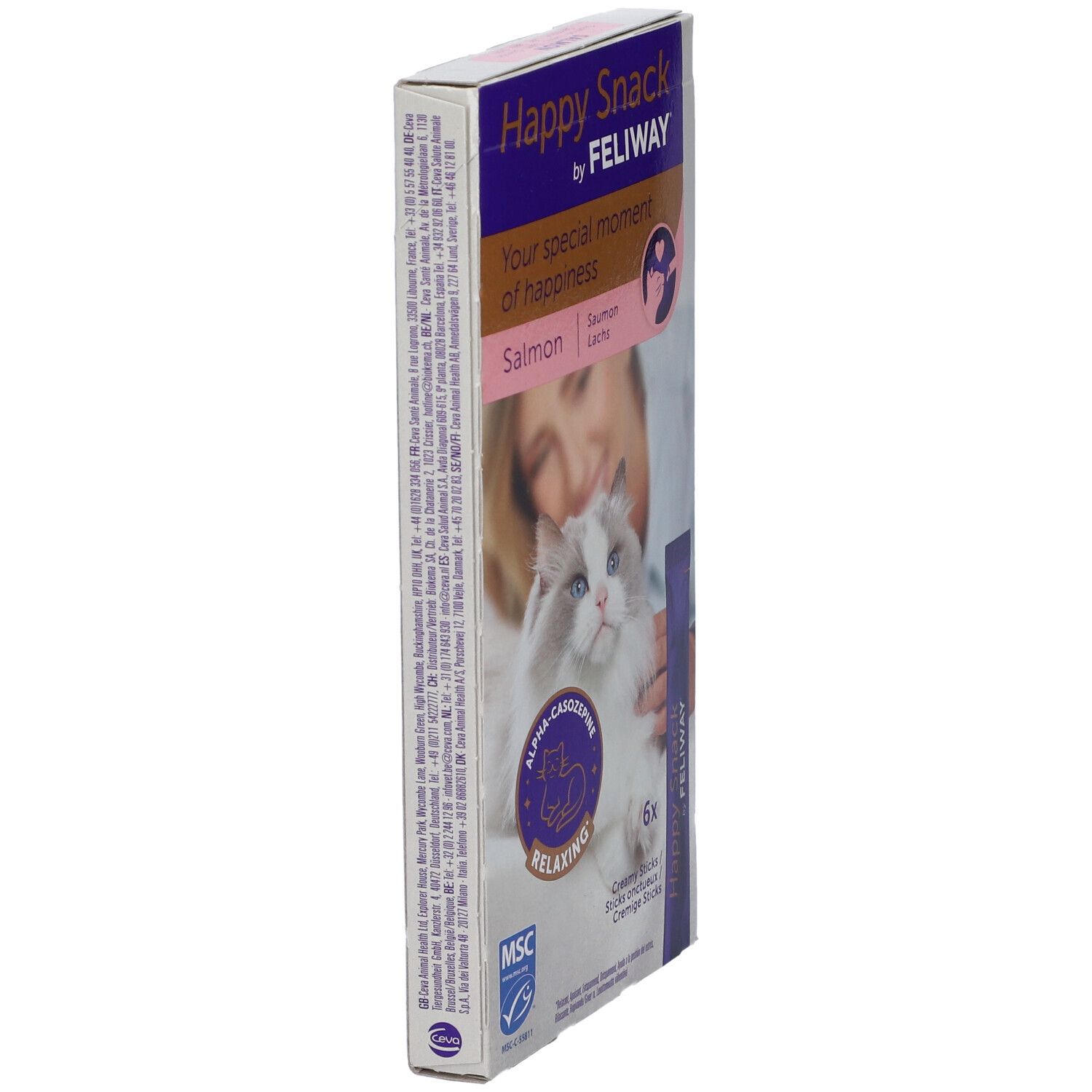 Vista laterale della confezione FELIWAY Happy Snack. Scritta "Happy Snack by FELIWAY". Immagine di un gatto e una donna.