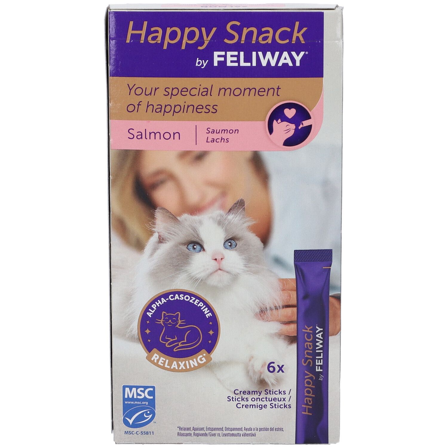 Confezione FELIWAY Happy Snack. Scritta "Happy Snack by FELIWAY". Contiene 6 stick. Immagine di un gatto e una donna.