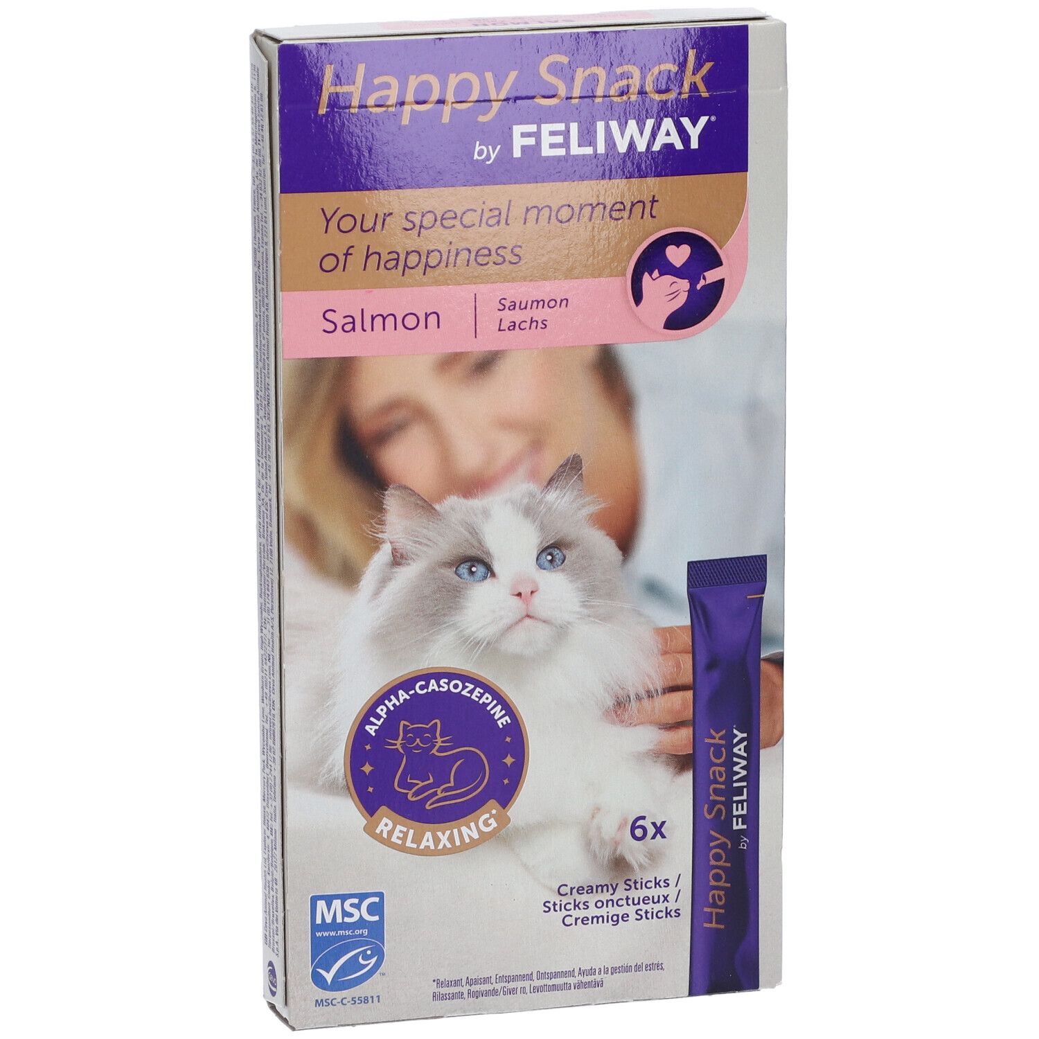 Confezione FELIWAY Happy Snack. Scritta "Happy Snack by FELIWAY". Contiene 6 stick. Immagine di un gatto e una donna.