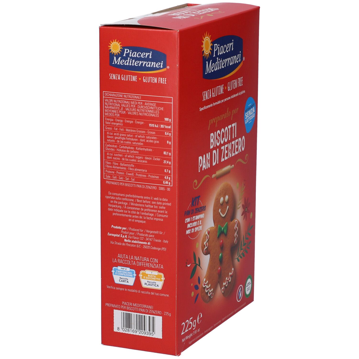 Scatola rossa, vista laterale. Scritto: Preparato per Biscotti Pan di Zenzero. Senza glutine. 225g. Informazioni nutrizionali.
