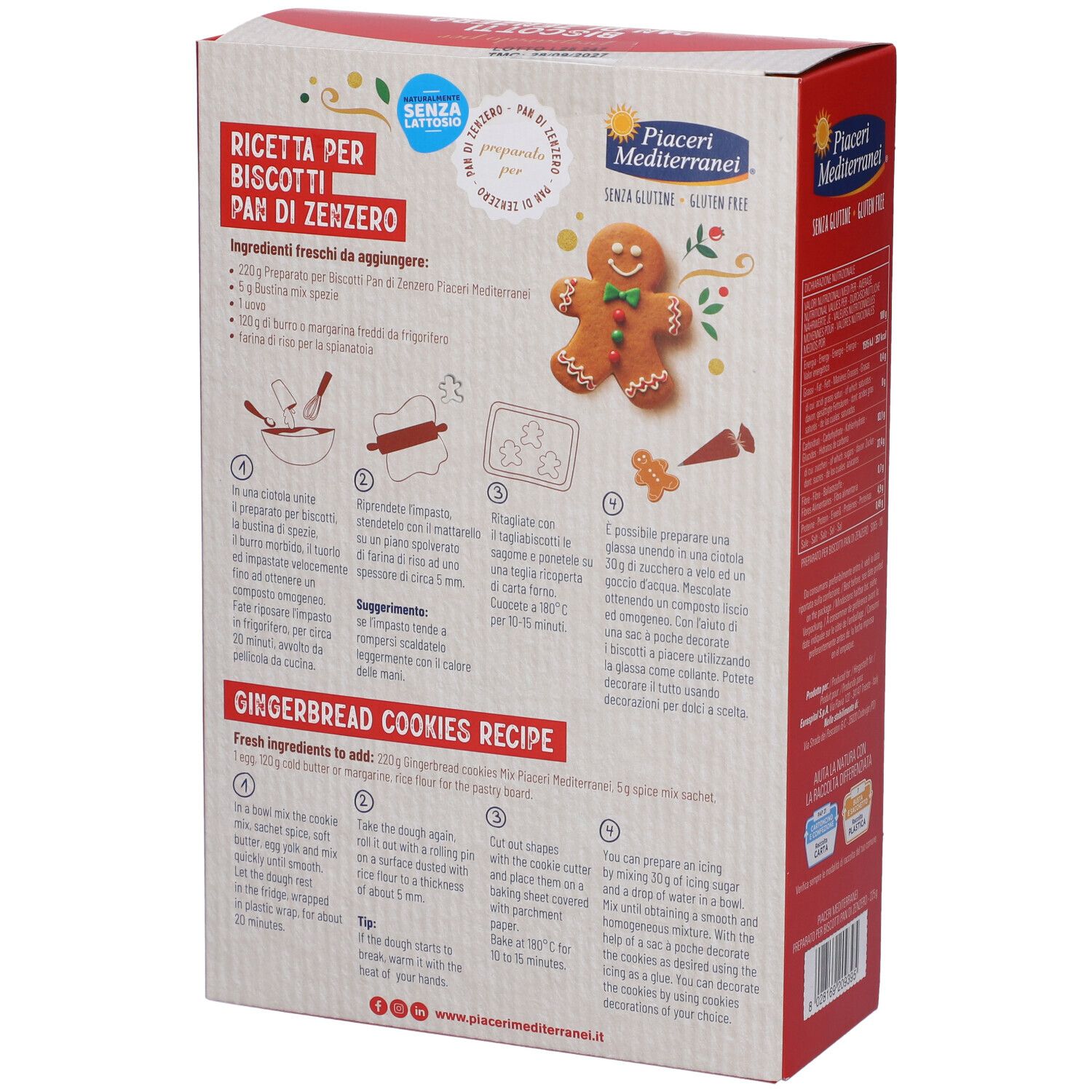 Retro della scatola. Ricetta biscotti pan di zenzero. Ingredienti e istruzioni. Senza glutine. Immagine prodotto.