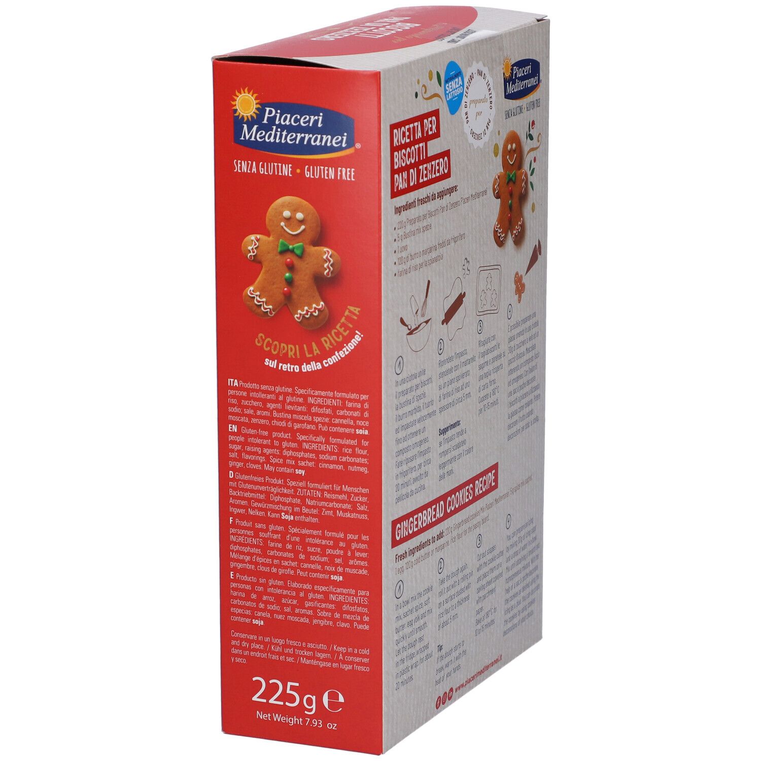 Scatola, vista laterale. Ricetta biscotti pan di zenzero. Ingredienti e istruzioni. Senza glutine. Immagine prodotto.
