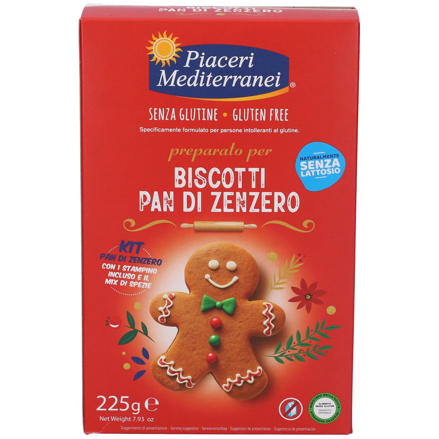 Scatola rossa con immagine prodotto. Scritto: Preparato per Biscotti Pan di Zenzero. Senza glutine. 225g.