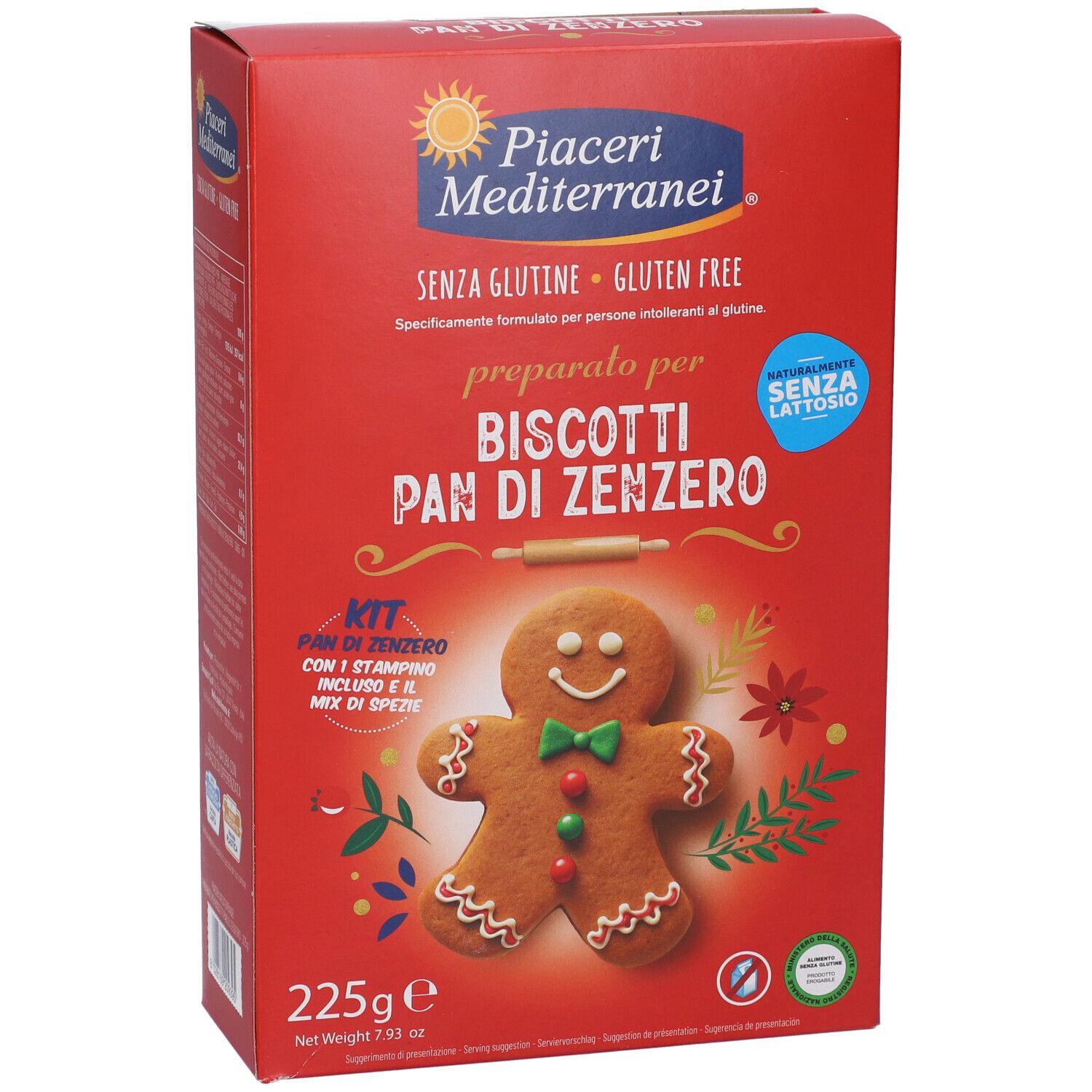 Scatola rossa con immagine prodotto. Scritto: Preparato per Biscotti Pan di Zenzero. Senza glutine. 225g.
