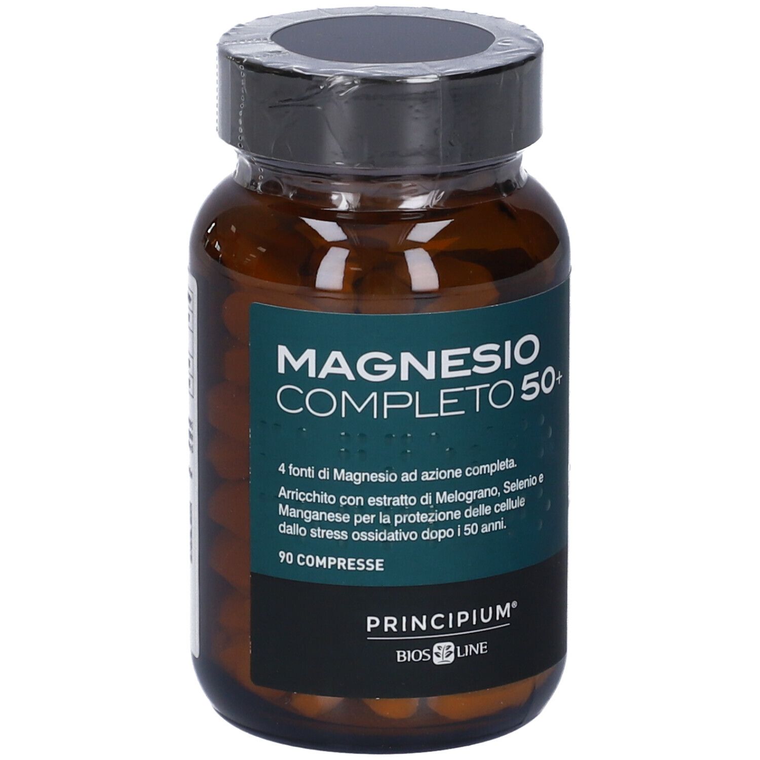 Flacone di vetro marrone con tappo nero. Etichetta con testo: MAGNESIO COMPLETO 50+. 90 compresse. Marchio: PRINCIPIUM.