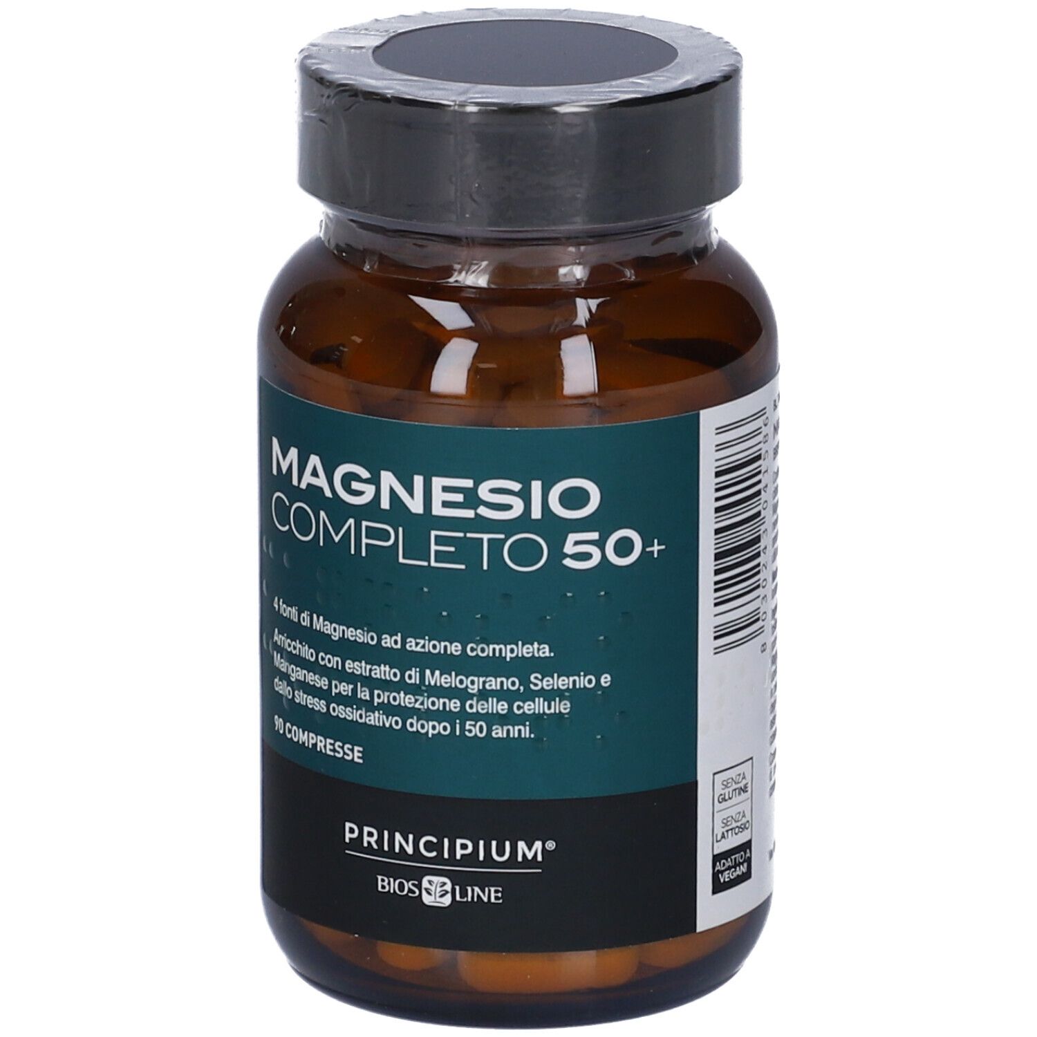 Flacone di vetro marrone con tappo nero. Etichetta con testo: MAGNESIO COMPLETO 50+. 90 compresse. Marchio: PRINCIPIUM. Sigillo vegano.