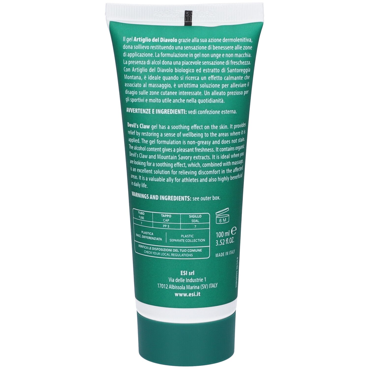 Retro del tubo. Testo in italiano e inglese. Informazioni su ingredienti e utilizzo. Tappo verde.