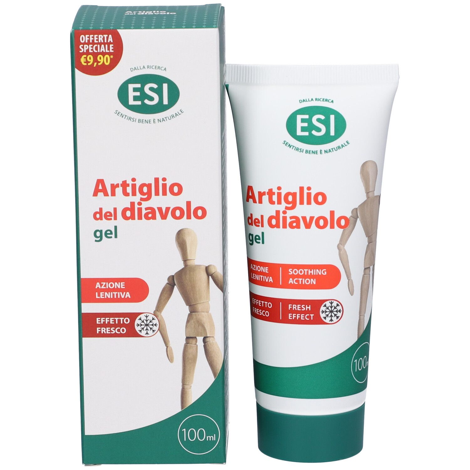 Confezione e tubo. Confezione con scritta: ESI, Artiglio del diavolo gel. Tubo con la stessa scritta. Manichino in legno.