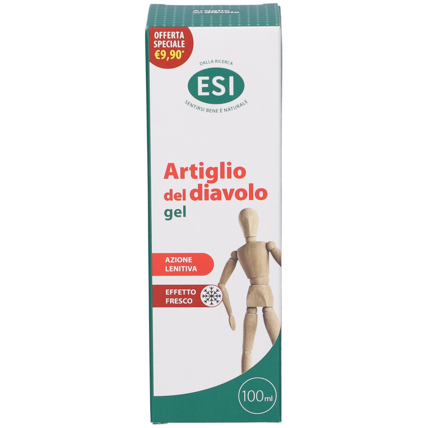 Confezione del prodotto. Scritta: ESI, Artiglio del diavolo gel, Azione lenitiva, Effetto fresco. Manichino in legno. Etichetta prezzo.