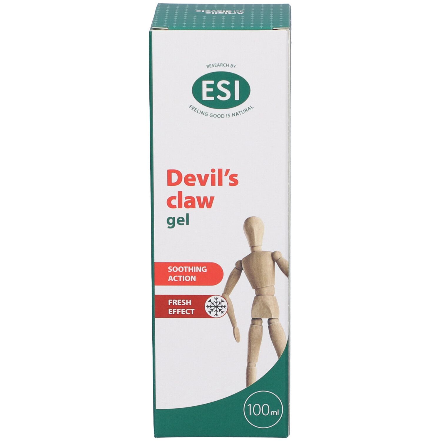 Confezione del prodotto. Scritta: ESI, Devil's claw gel, Soothing Action, Fresh Effect. Manichino in legno. Sfondo verde.
