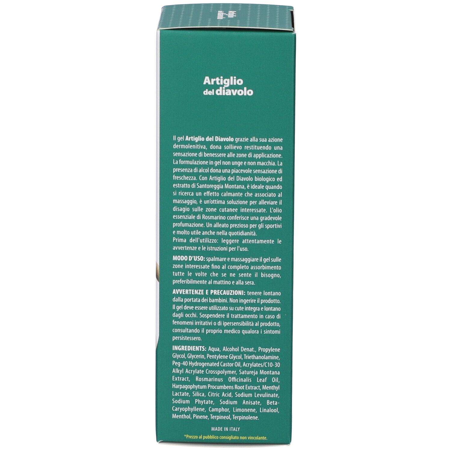 Retro della confezione. Testo in italiano. Informazioni su ingredienti e utilizzo. Sfondo verde.