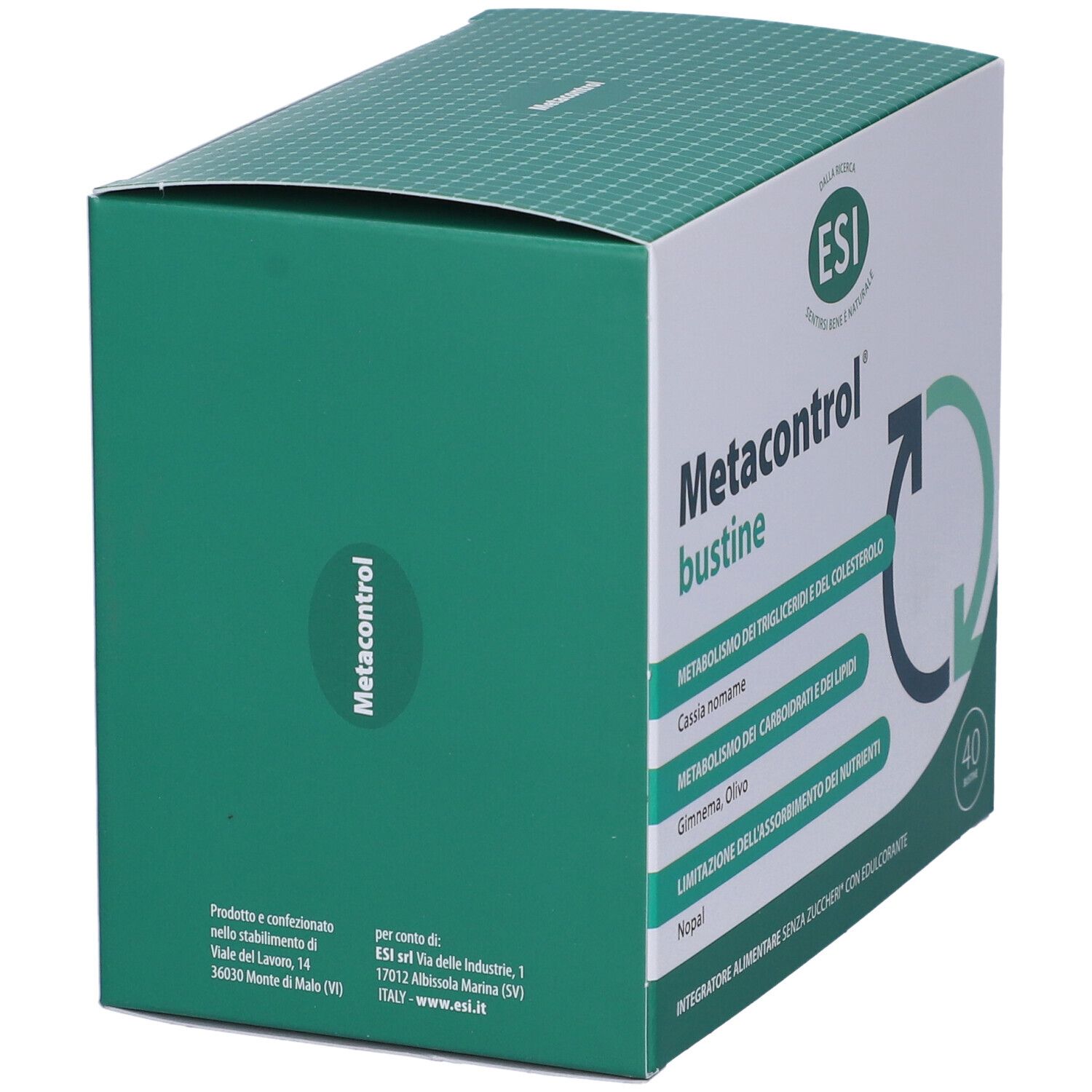 Scatola verde, Metacontrol, 40 bustine. Logo ESI. Scritte: metabolismo trigliceridi, colesterolo, carboidrati, lipidi, assorbimento nutrienti.