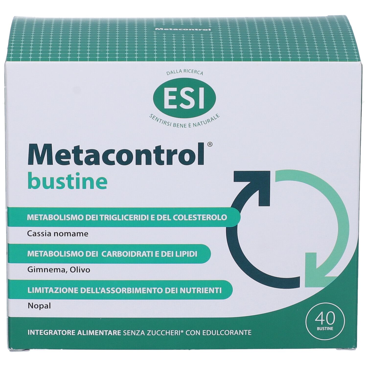 Scatola Metacontrol, 40 bustine. Logo ESI. Scritte: metabolismo trigliceridi, colesterolo, carboidrati, lipidi, assorbimento nutrienti.