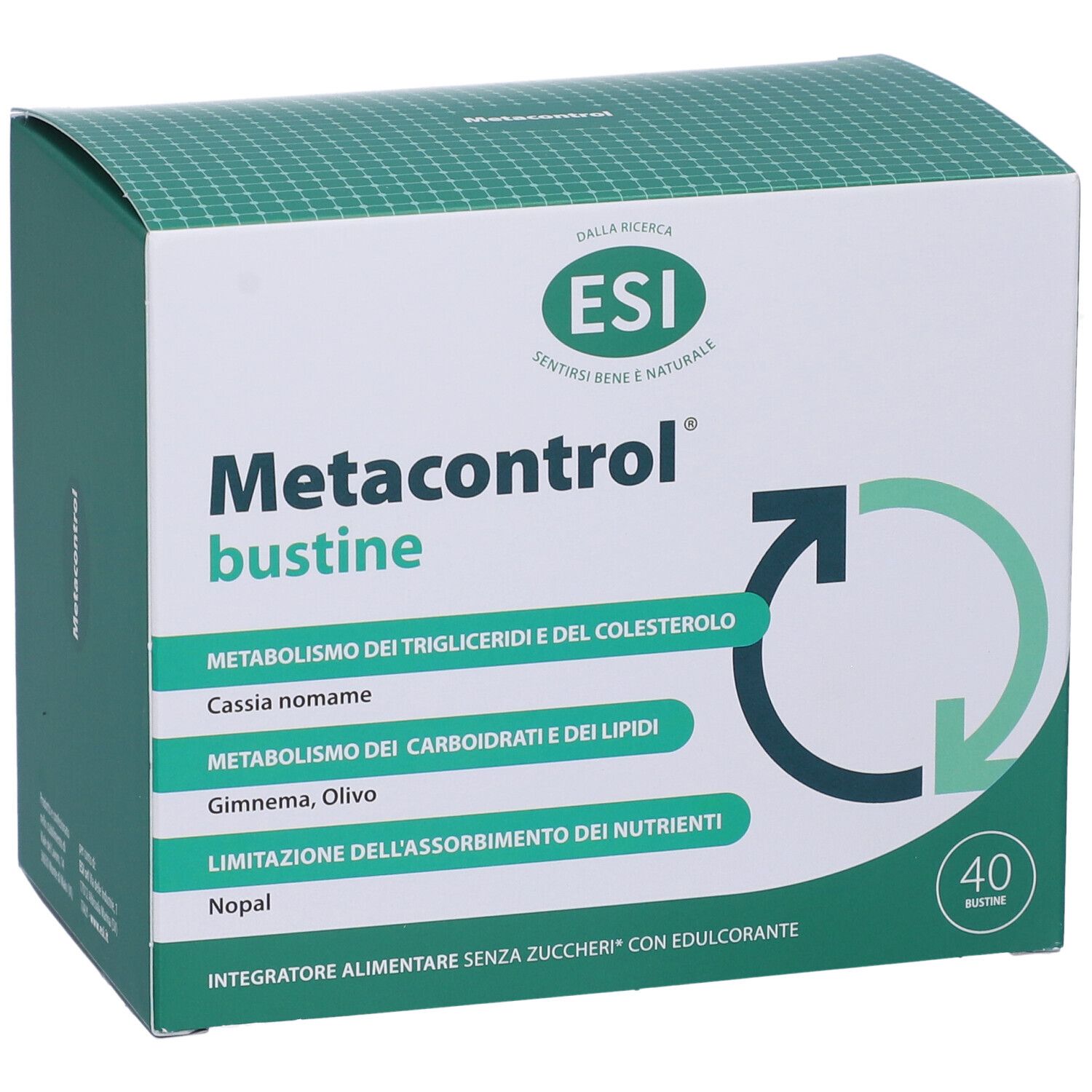 Scatola Metacontrol, 40 bustine. Logo ESI. Scritte: metabolismo trigliceridi, colesterolo, carboidrati, lipidi, assorbimento nutrienti.