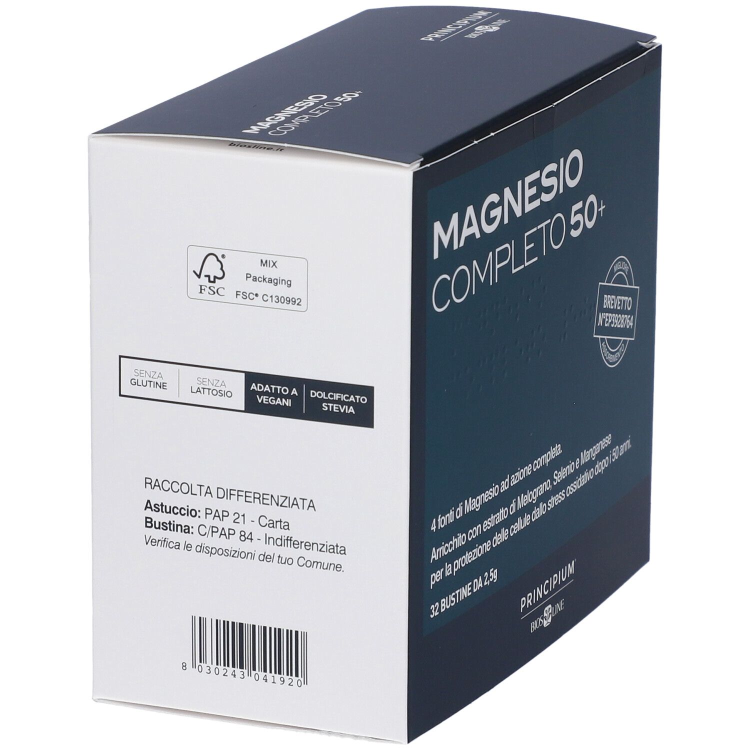 Confezione Principium Magnesio Completo 50+ con 32 bustine. Contiene il marchio FSC.