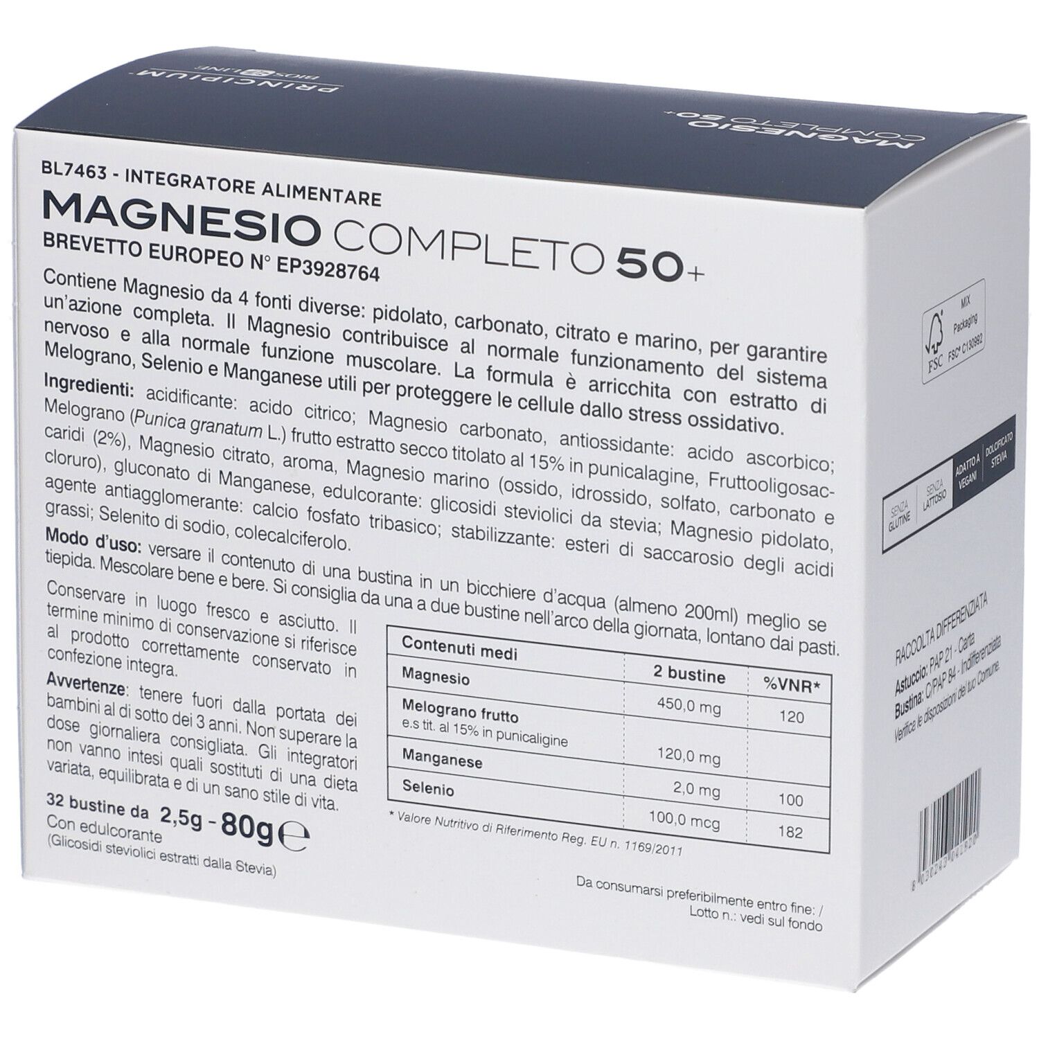 Retro della scatola Principium Magnesio Completo 50+. Contiene ingredienti e dosaggio.