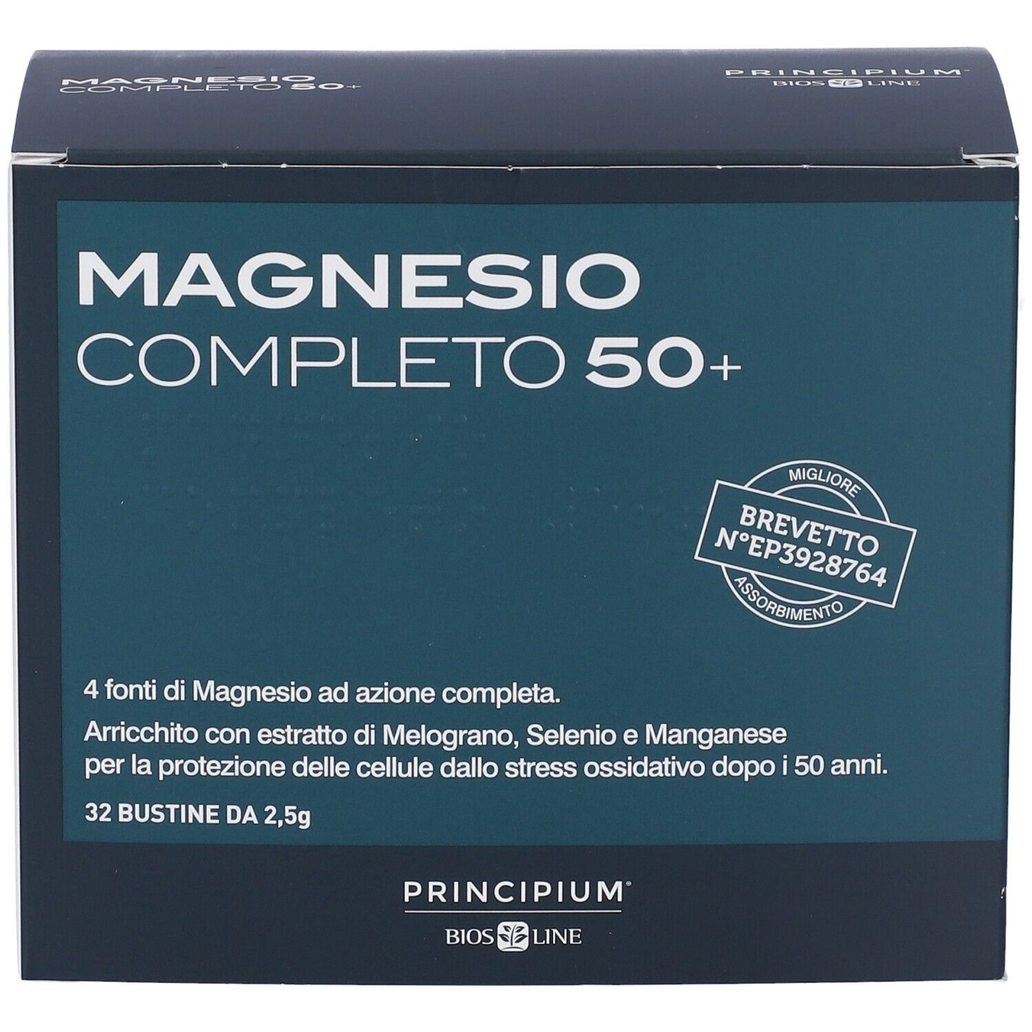 Scatola Principium Magnesio Completo 50+ con 32 bustine. Contiene il marchio 'Brevettato'.