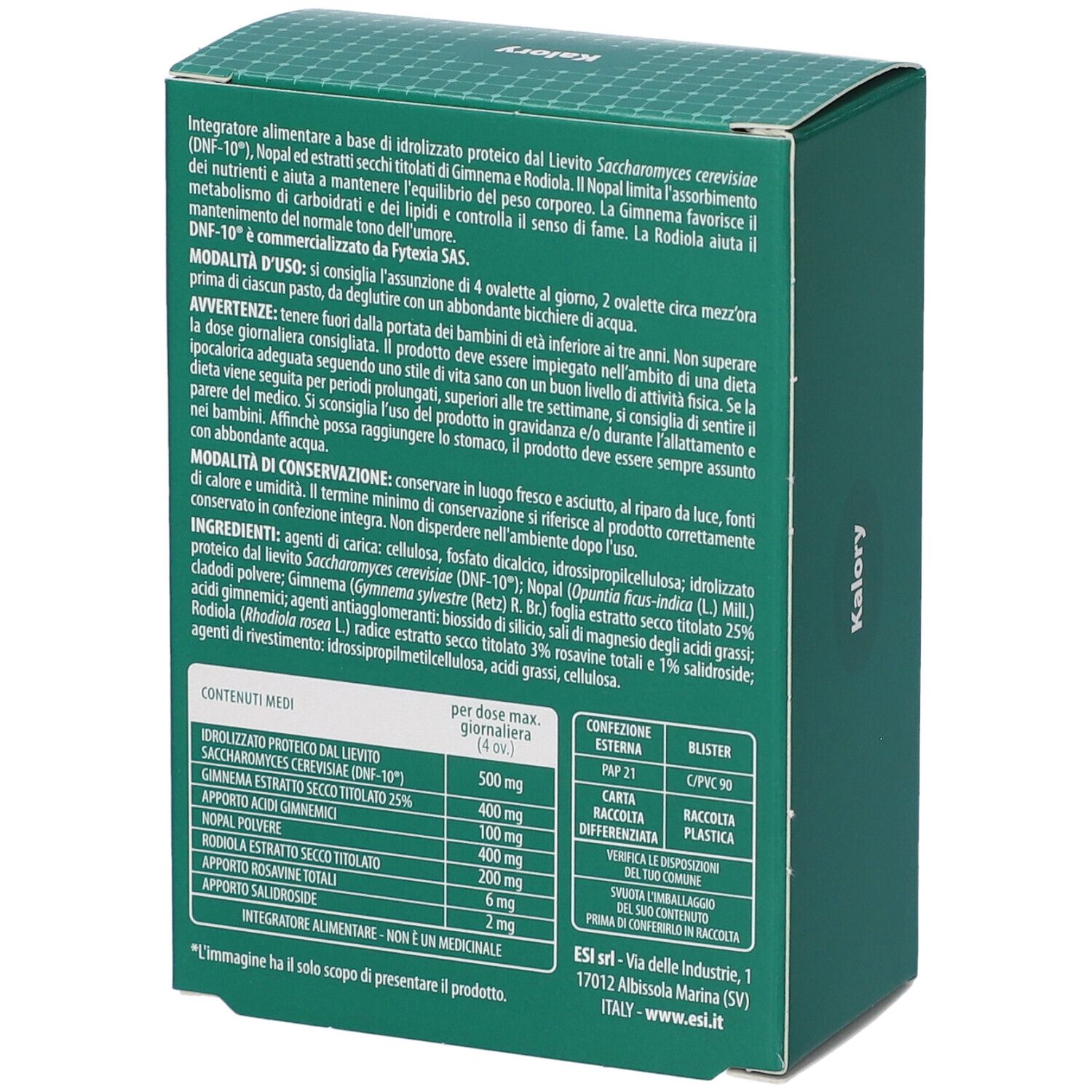 Retro della confezione con testo. Ingredienti, istruzioni per l'uso e informazioni sul produttore. Testo in italiano.
