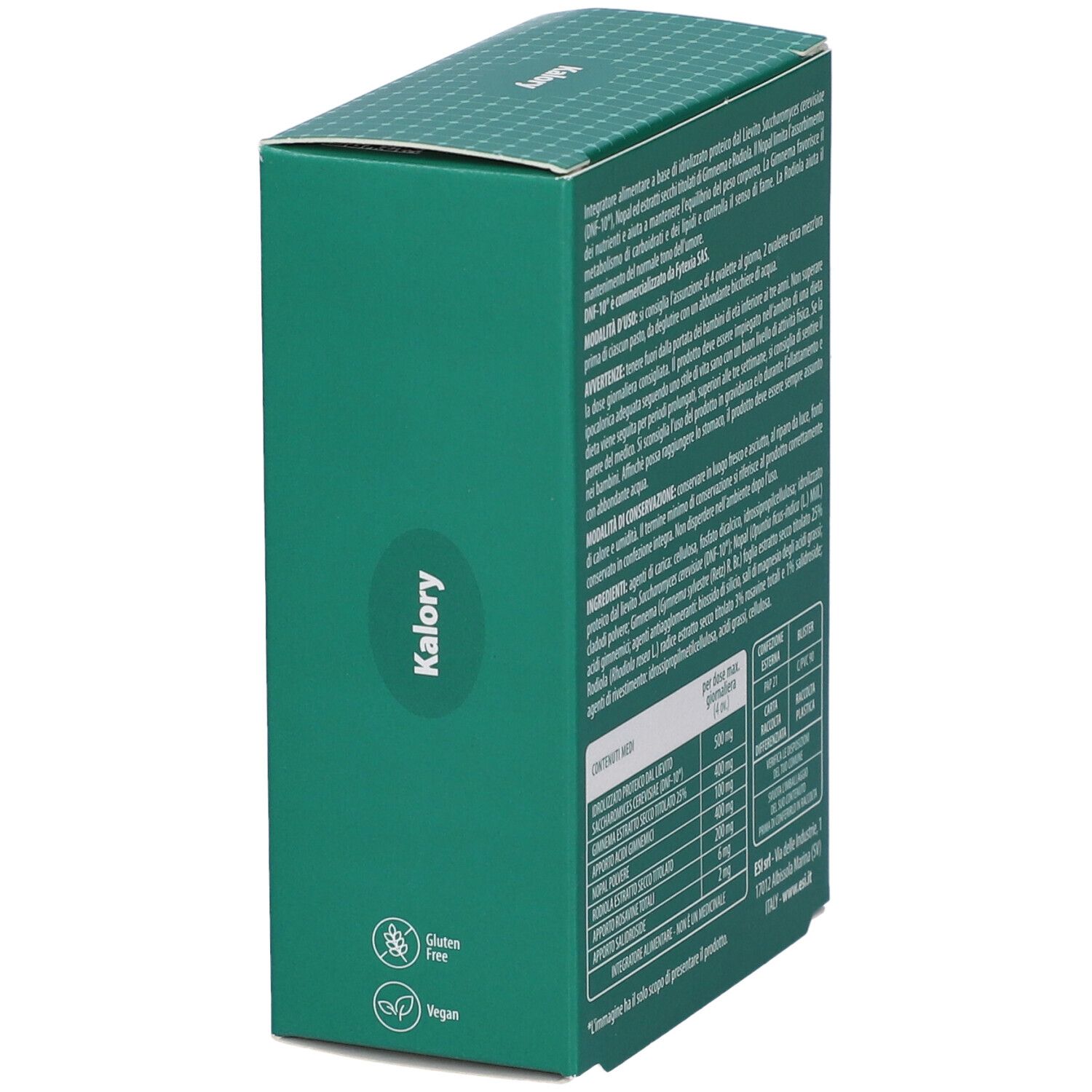 Confezione verde con testo. Simboli senza glutine e vegani. Testo in italiano.