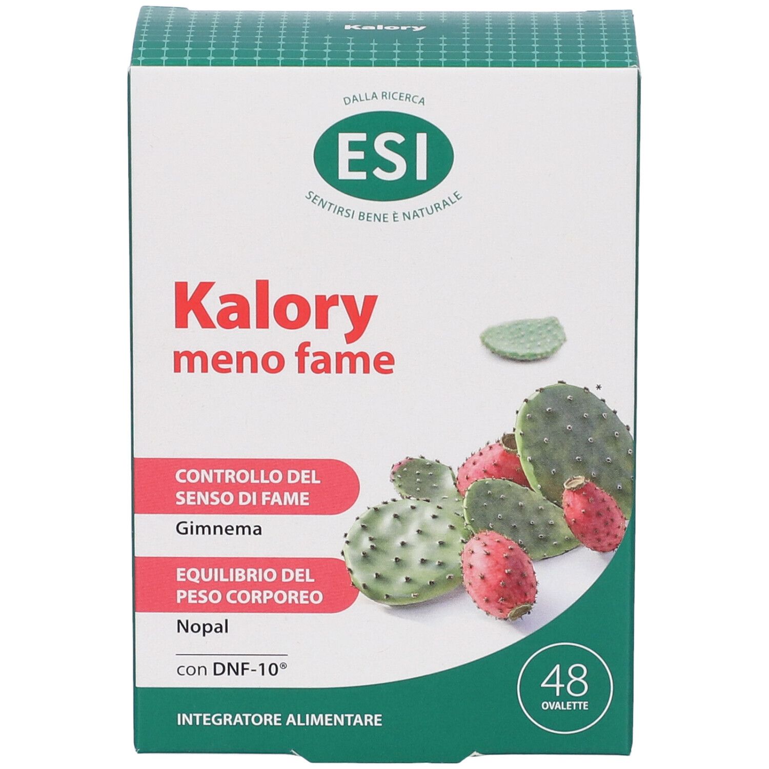 Scatola con immagine del prodotto e testo. Logo ESI, nome del prodotto, ingredienti e 48 compresse. Confezione verde e bianca.