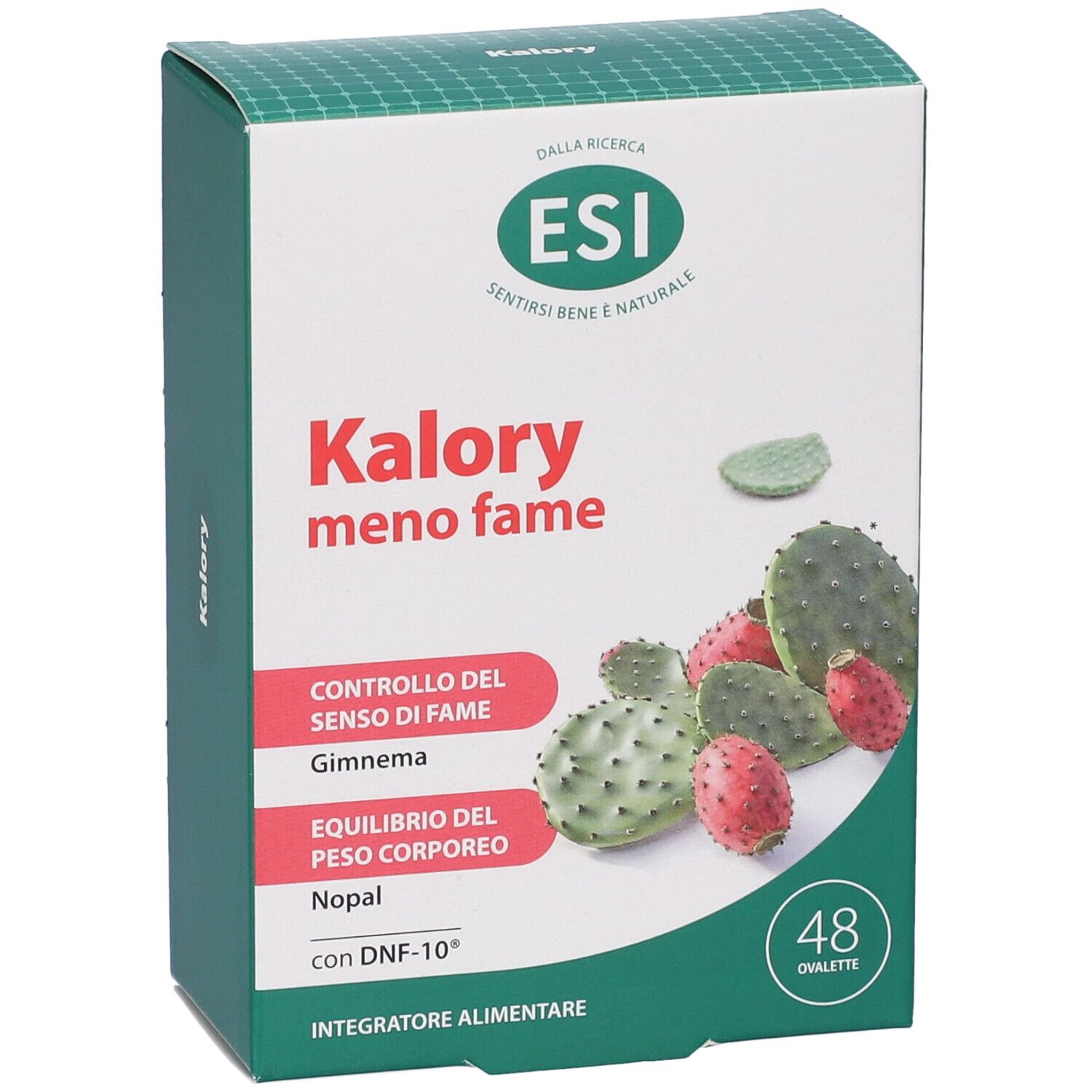 Scatola con immagine del prodotto e testo. Logo ESI, nome del prodotto, ingredienti e 48 compresse. Confezione verde e bianca.