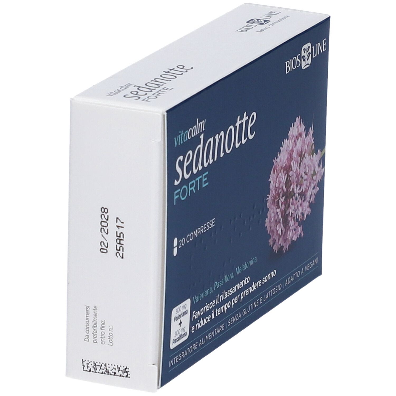 Scatola con nome del prodotto e immagine floreale. Contiene 20 compresse. Testo: 'Vitacalm Sedanotte Forte'. Data di scadenza.