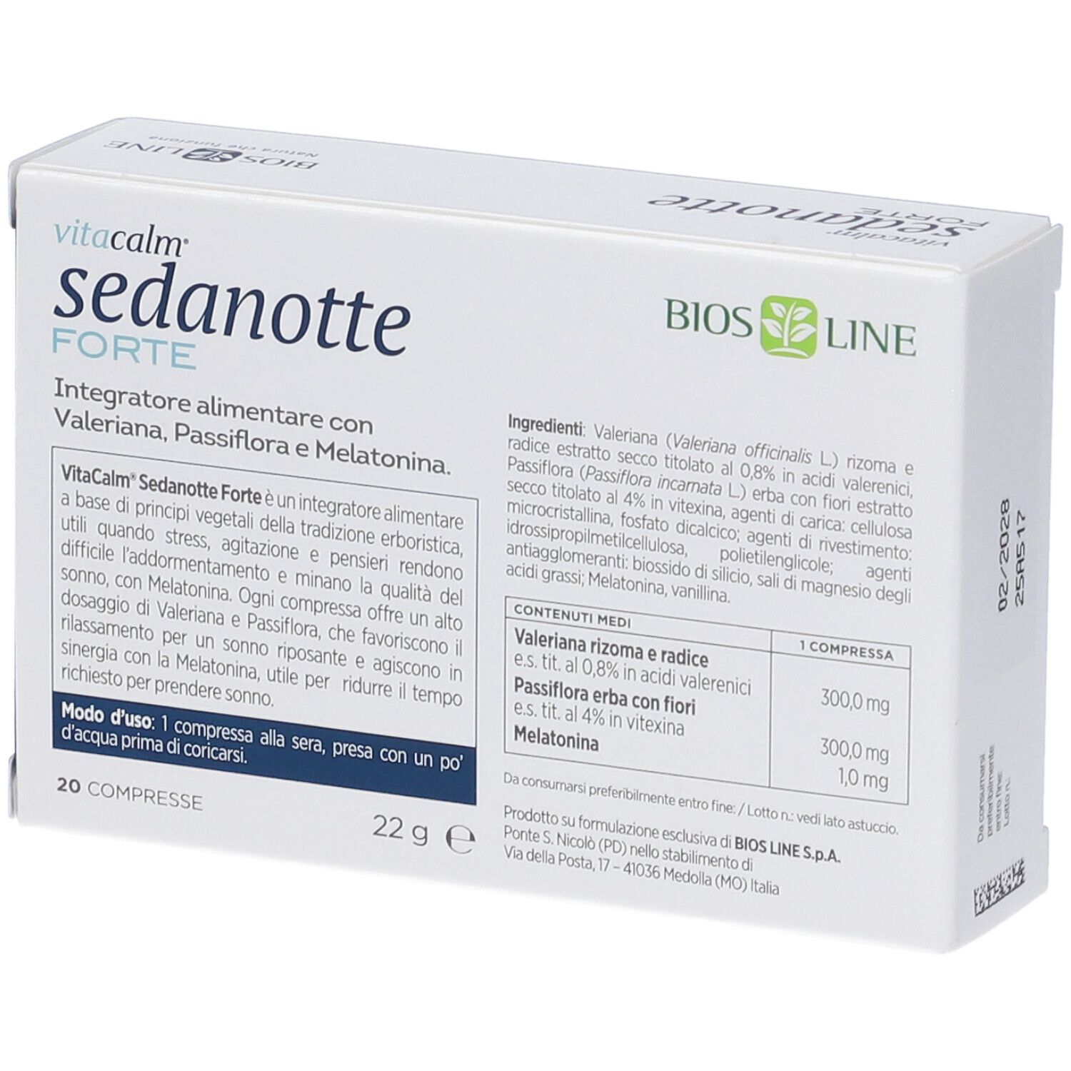 Scatola bianca con informazioni sul prodotto. Testo: 'Vitacalm Sedanotte Forte'. Contiene 20 compresse. Ingredienti e dosaggio.