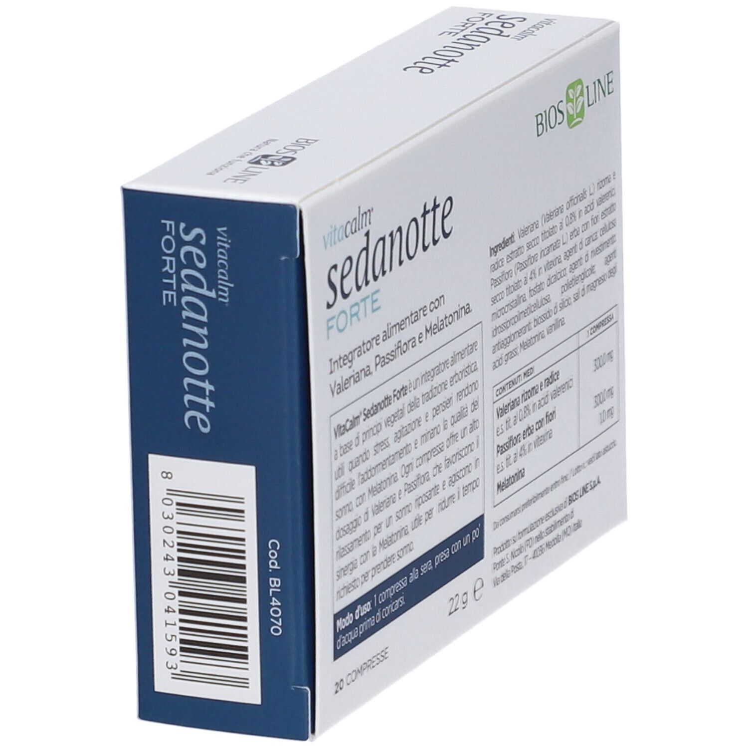 Scatola con nome del prodotto e immagine floreale. Testo: 'Vitacalm Sedanotte Forte'. Contiene 20 compresse. Codice a barre e testo.