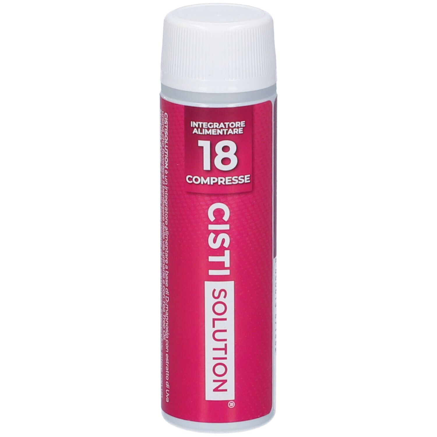 Confezione cilindrica con tappo bianco. Scritta: CISTI SOLUTION, 18 COMPRESSE. Sfondo rosa.