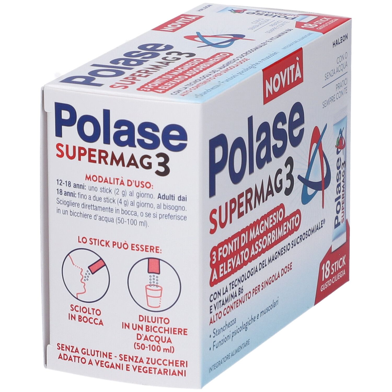 Confezione Polase Supermag 3. Contiene 18 stick. Istruzioni: sciogliere in acqua o assumere direttamente in bocca.