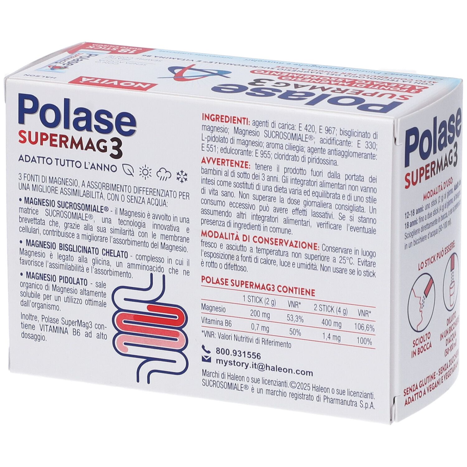 Retro della confezione Polase Supermag 3. Contiene ingredienti e informazioni nutrizionali. 18 stick.
