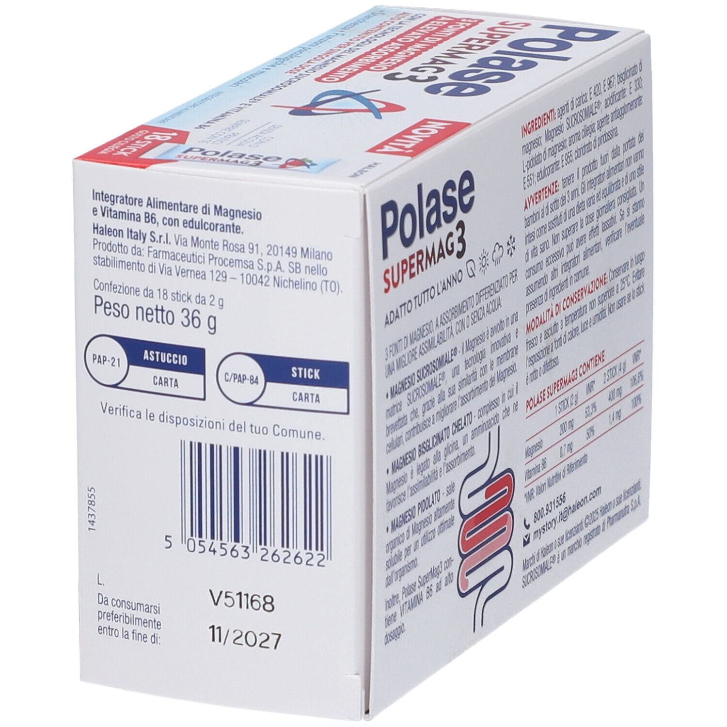 Vista laterale della confezione Polase Supermag 3. Contiene informazioni sugli ingredienti e la durata.