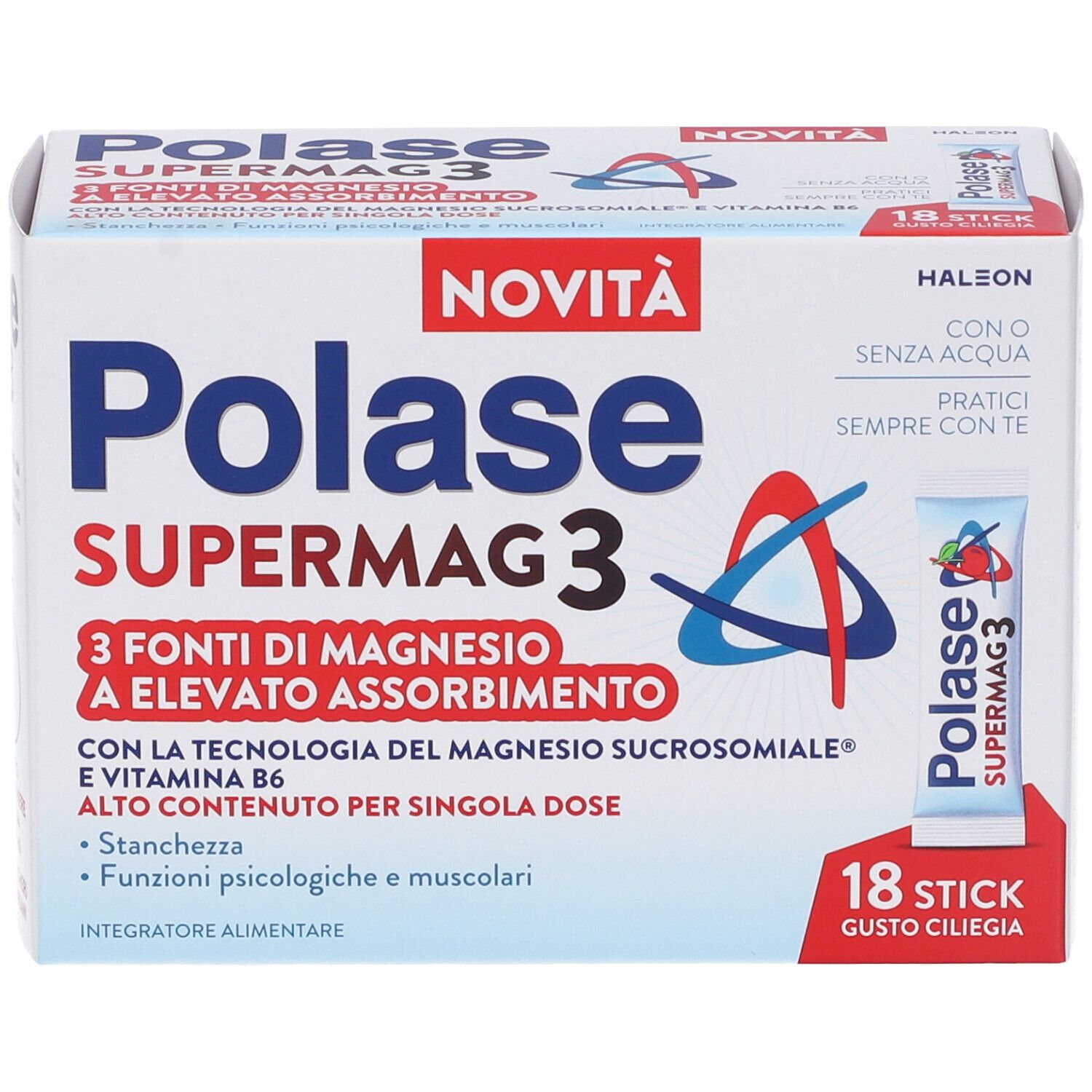 Confezione di Polase Supermag 3. Contiene 18 stick. Scritto: 3 fonti di magnesio, alto assorbimento.