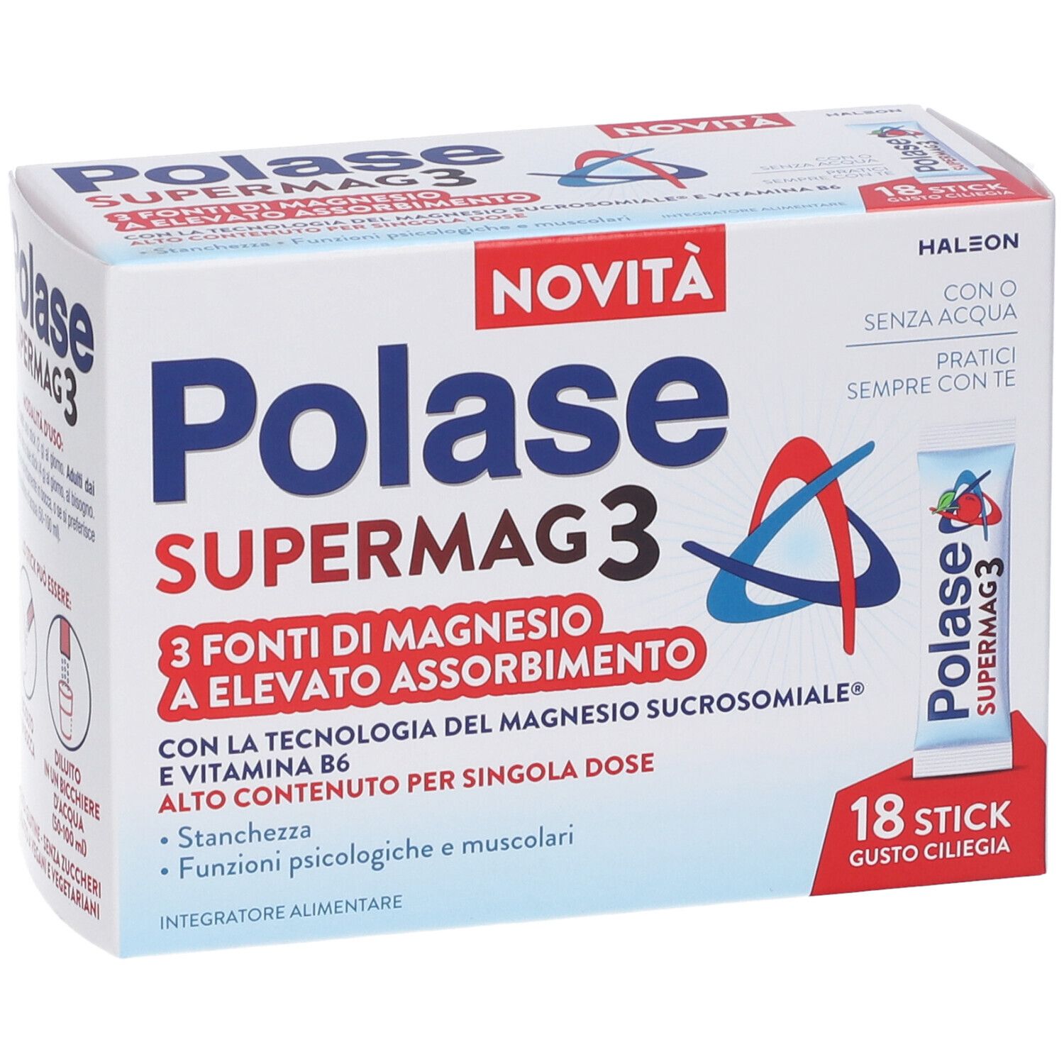 Confezione di Polase Supermag 3. Contiene 18 stick. Scritto: 3 fonti di magnesio, alto assorbimento.