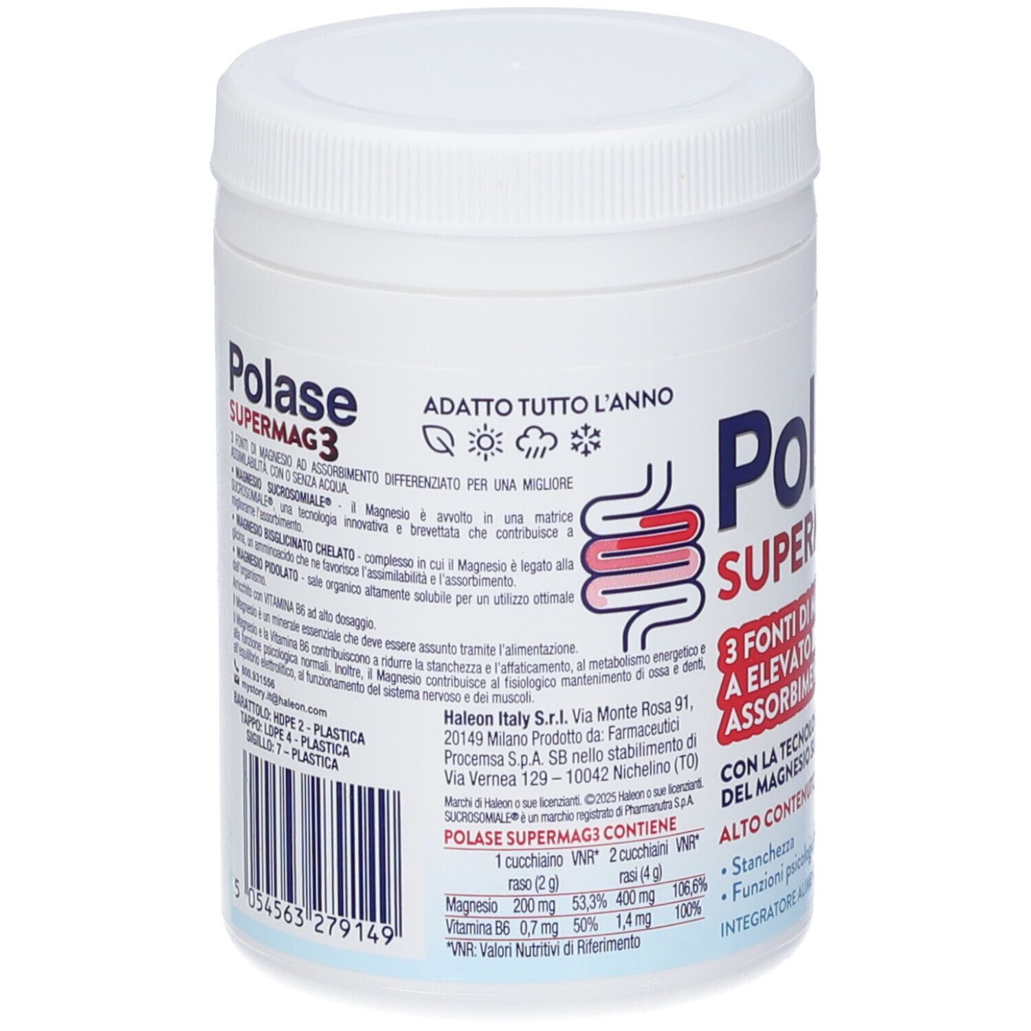 Retro del barattolo bianco. Testo: Polase Supermag3, ingredienti, adatto tutto l'anno. Informazioni produttore.