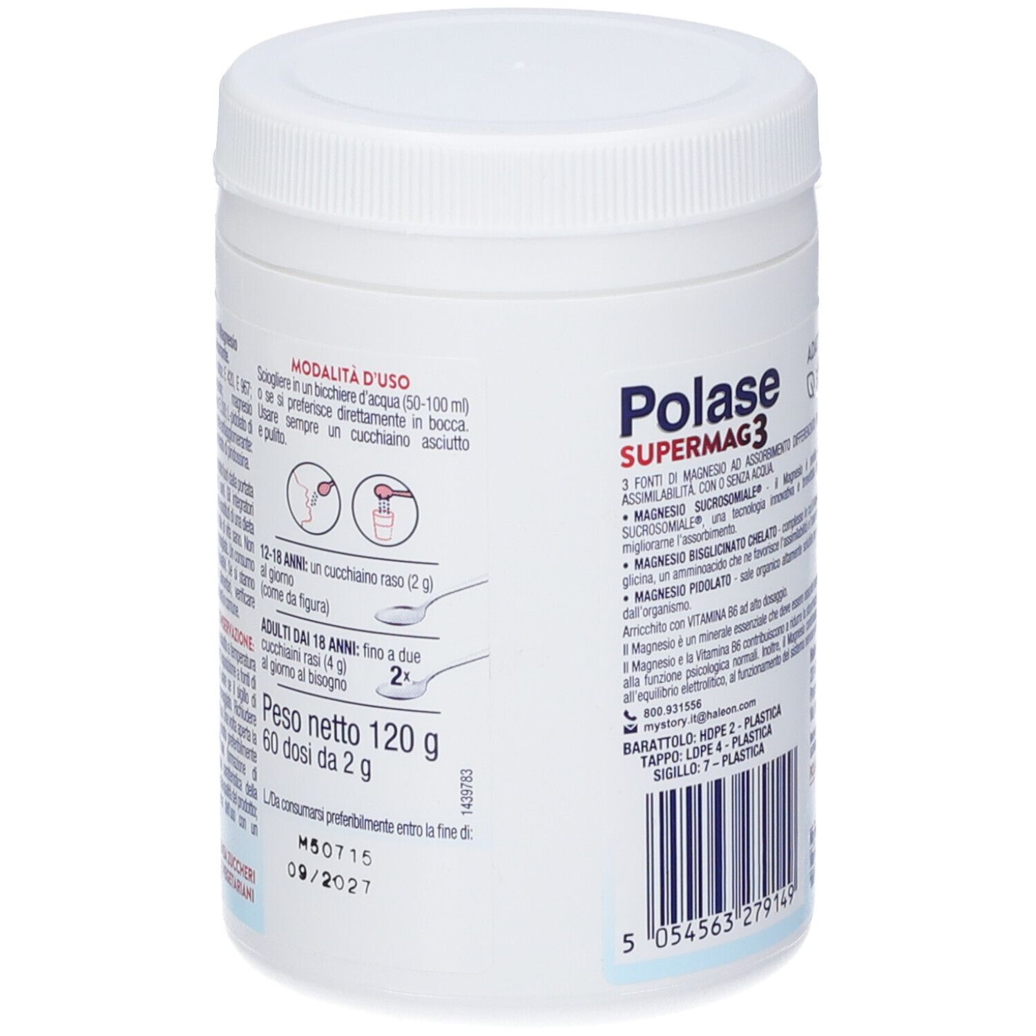 Barattolo bianco con istruzioni per l'uso. Testo: Polase Supermag3, 120g, 60 dosi. Data di scadenza.