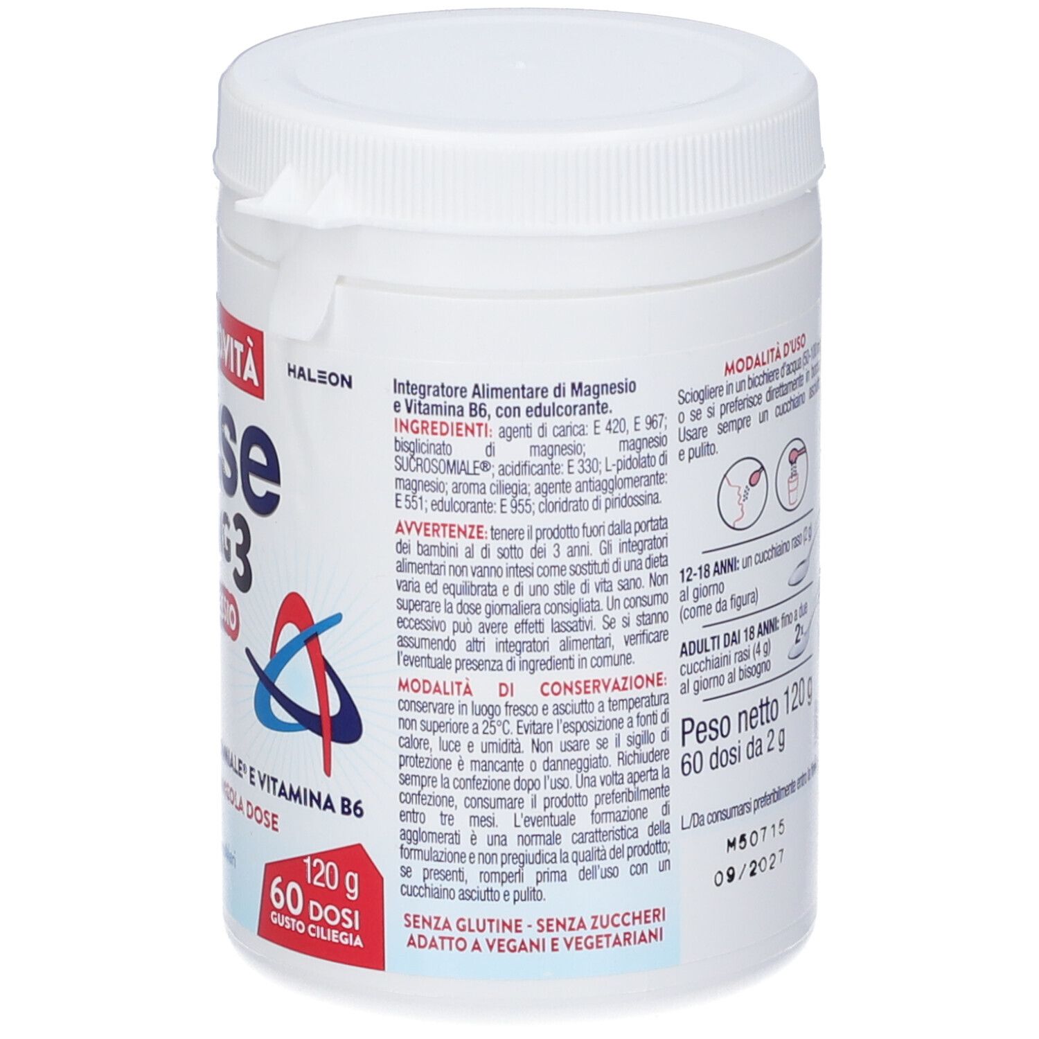 Retro del barattolo bianco. Testo: Polase Supermag3, ingredienti, senza glutine, senza zuccheri. Istruzioni per l'uso.