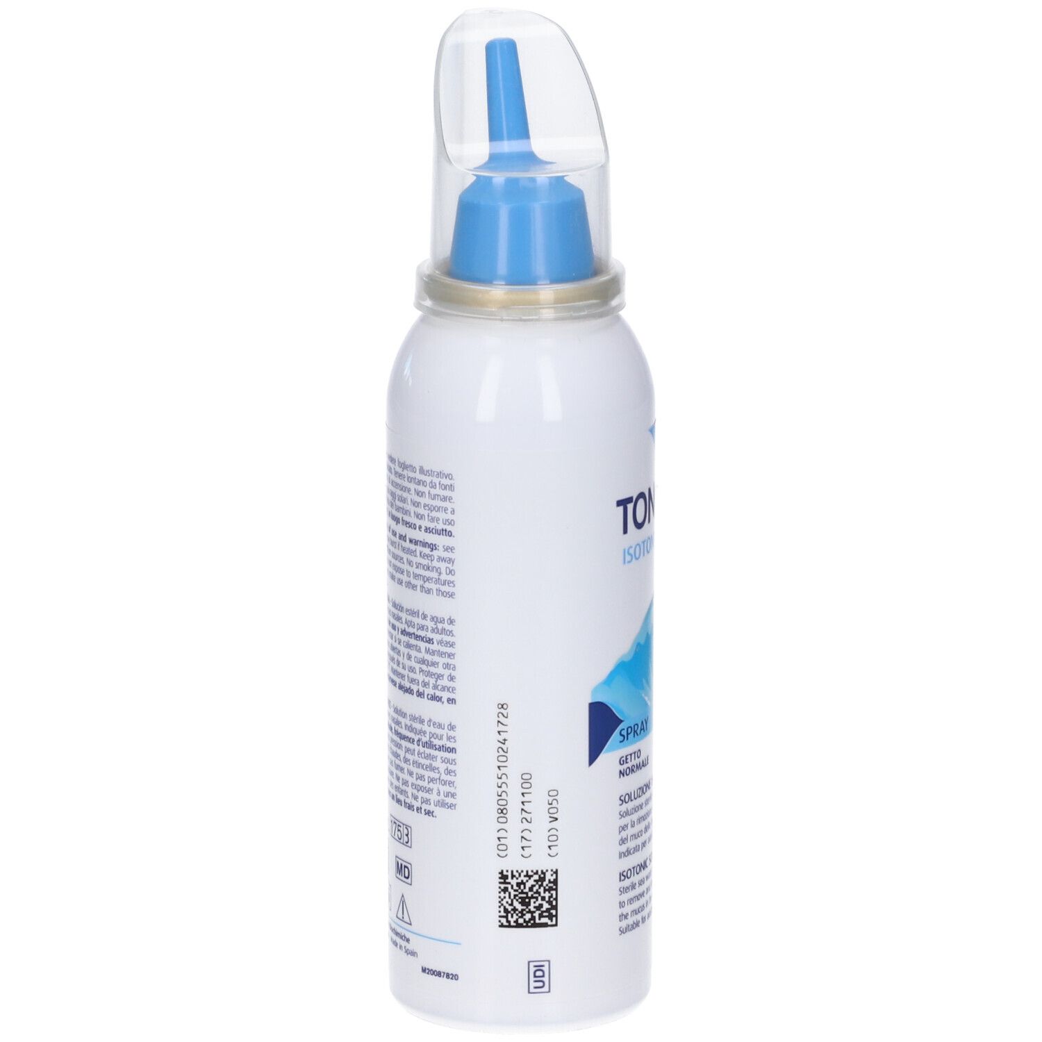 Flacone spray bianco con erogatore blu e cappuccio trasparente. Testo e codice a barre sul retro. Dettagli composizione.