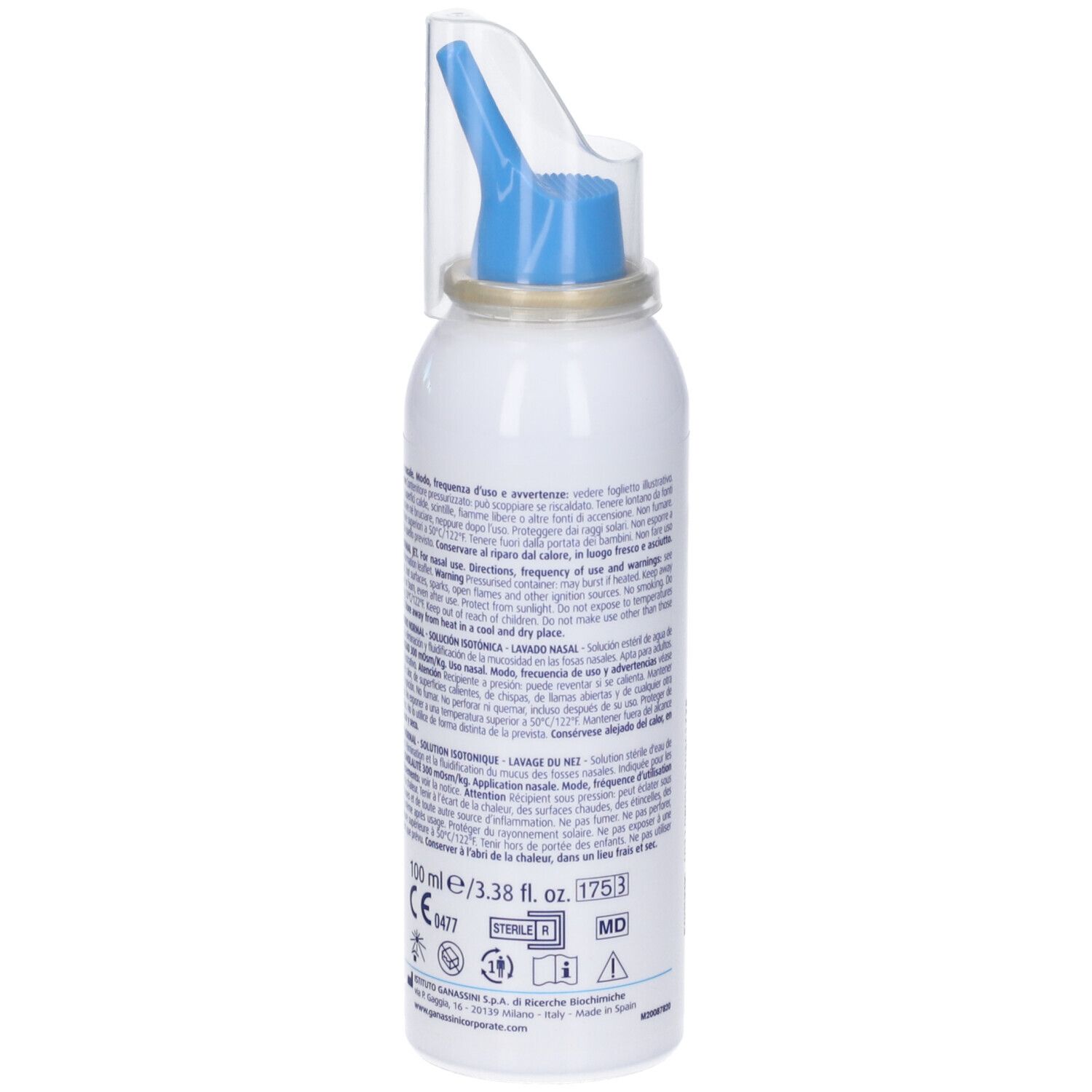 Flacone spray bianco con erogatore blu e cappuccio trasparente. Testo sul retro. Dettagli composizione.