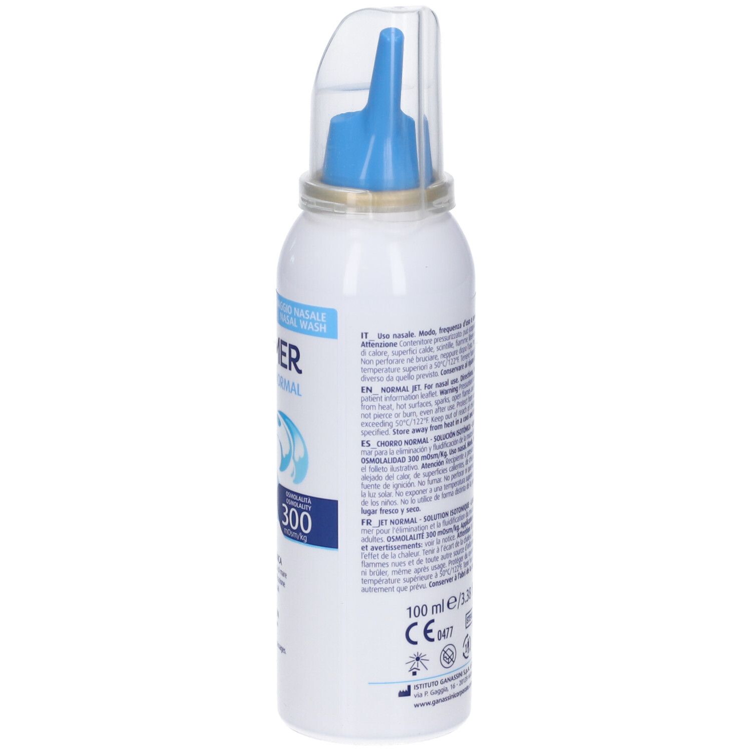 Flacone spray bianco con erogatore blu e cappuccio trasparente. Testo sul retro. Dettagli composizione.