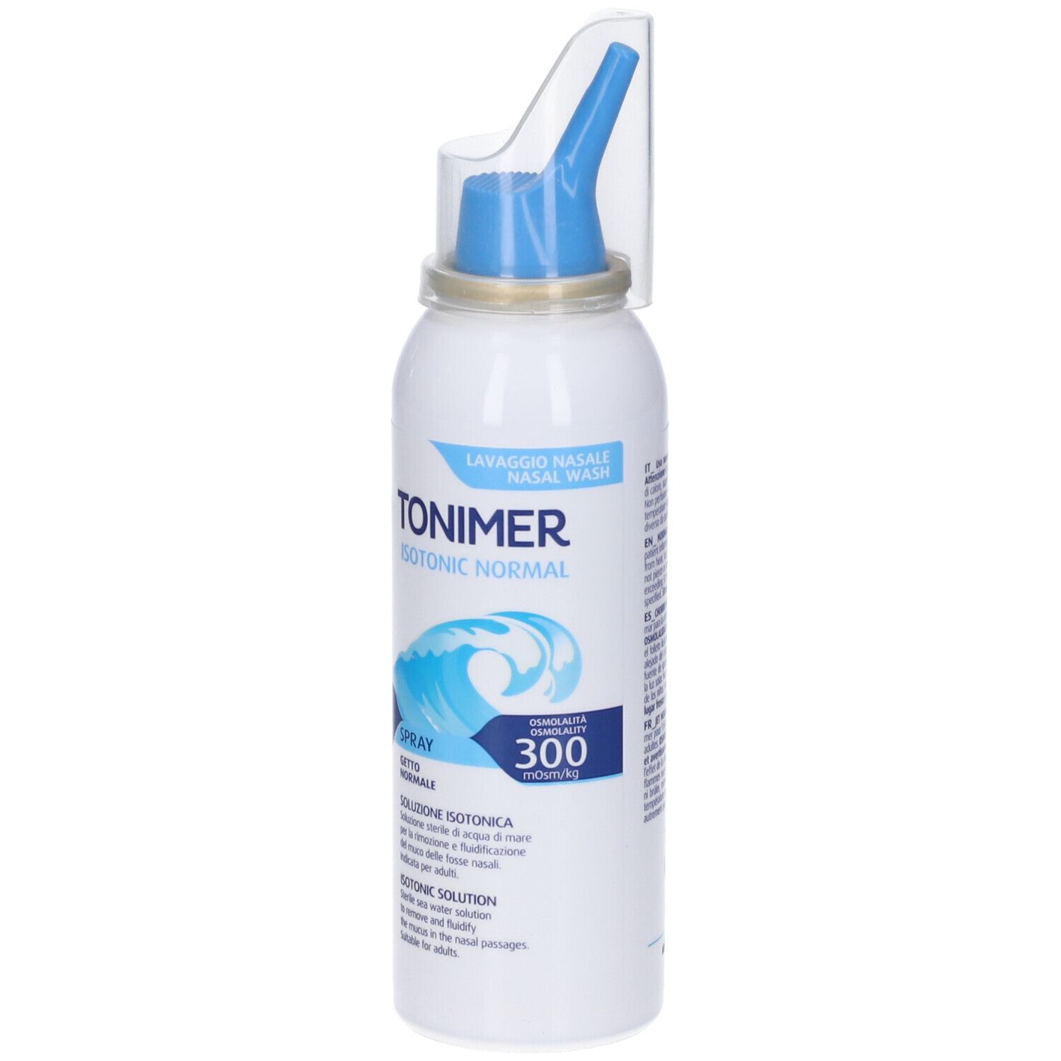 Flacone spray bianco-blu con erogatore blu e cappuccio trasparente. Testo: TONIMER ISOTONIC NORMAL, Spray, 300.