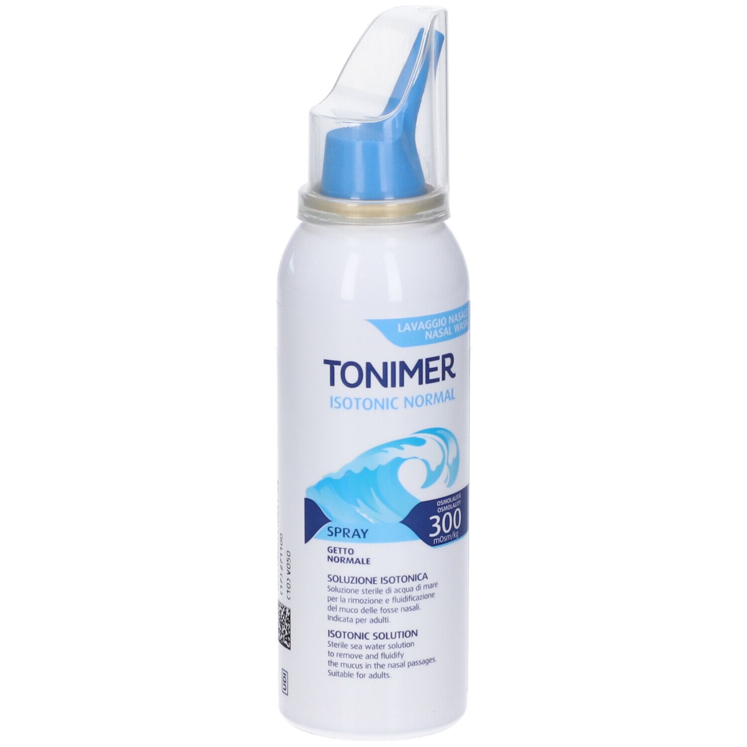Flacone spray bianco-blu con erogatore blu e cappuccio trasparente. Testo: TONIMER ISOTONIC NORMAL, Spray, 300.