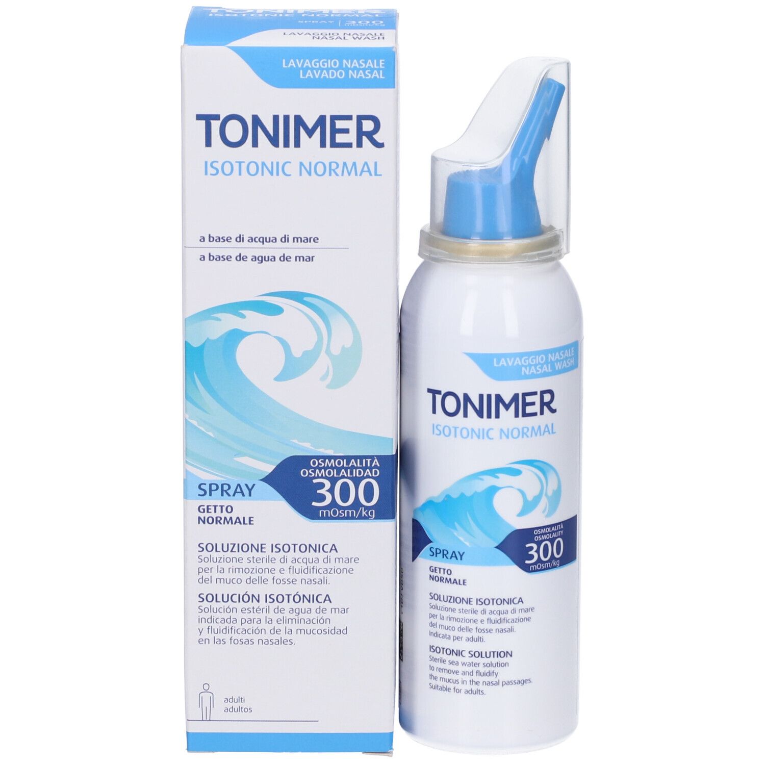 Confezione e flacone spray. Testo: TONIMER ISOTONIC NORMAL, Spray, 300. Scatola con onde e nome del prodotto.