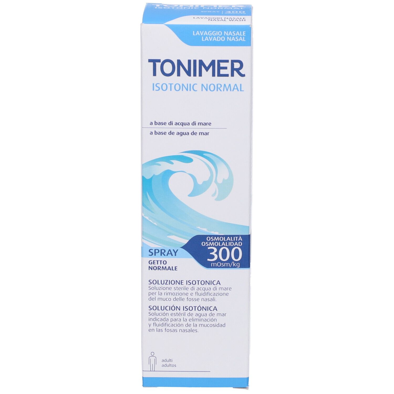 Confezione del prodotto. Testo: TONIMER ISOTONIC NORMAL, Spray, 300. Scatola con onde e nome del prodotto.