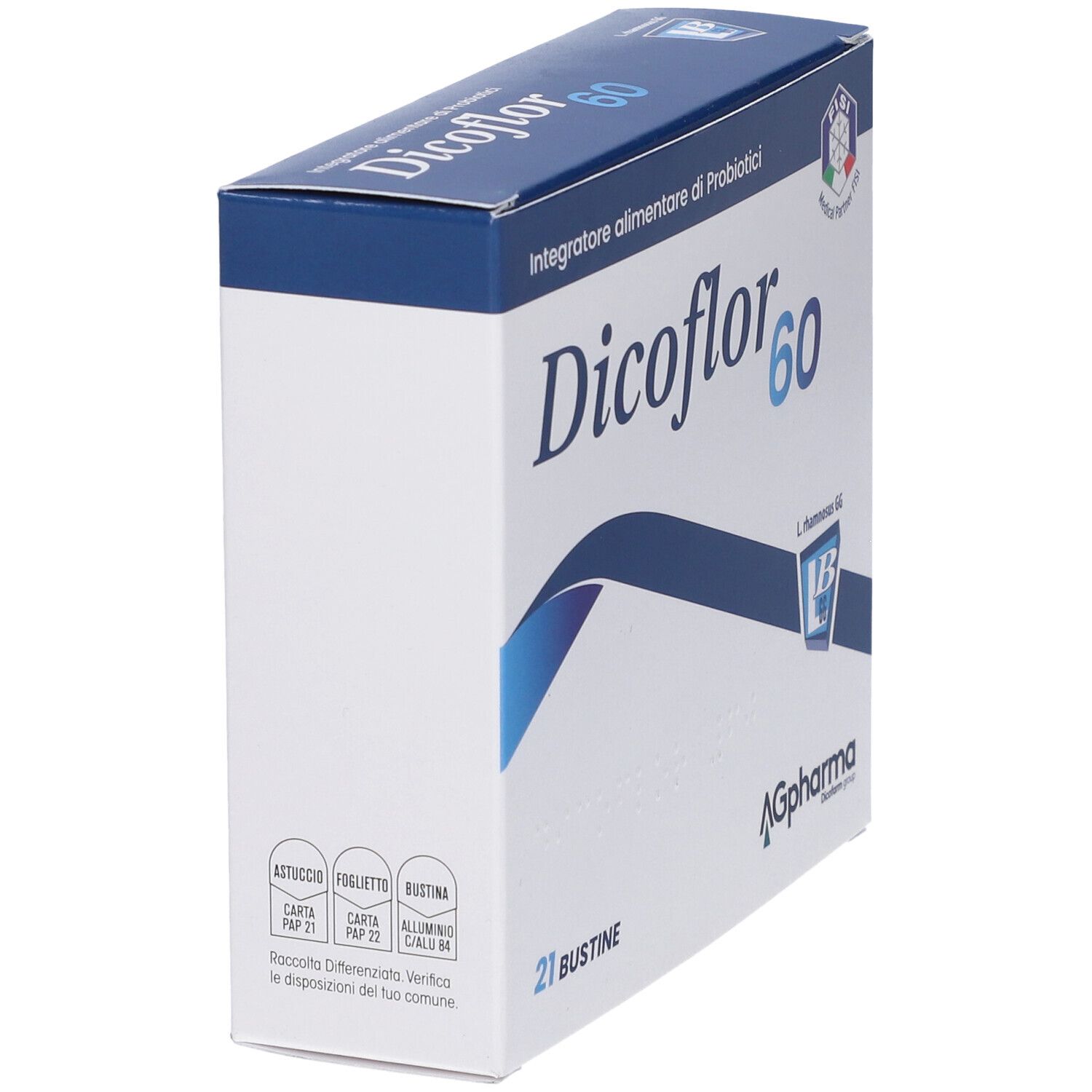 Scatola Dicoflor 60, angolata. Confezione blu e bianca. 21 bustine. Testo e loghi visibili.