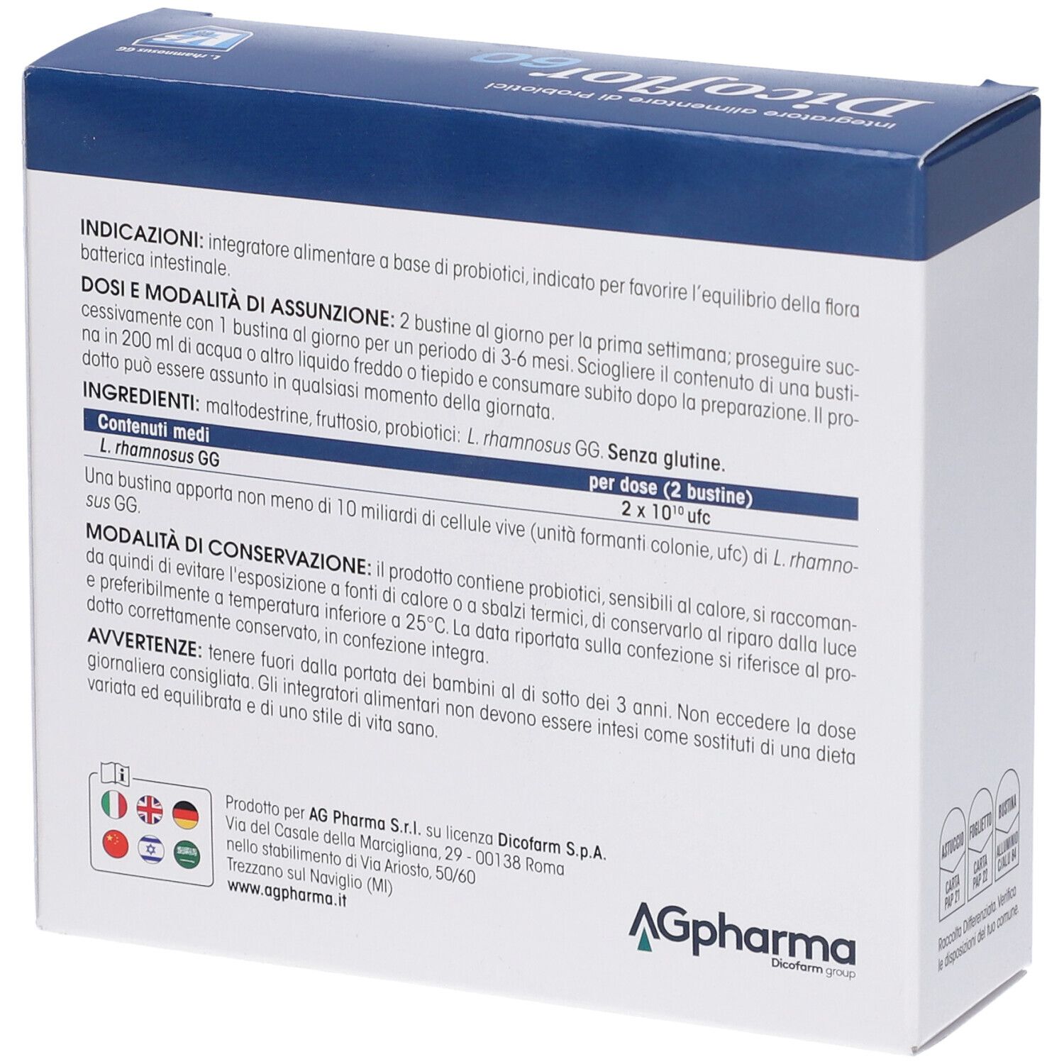 Retro della scatola Dicoflor 60. Testo multilingue. Ingredienti e modalità d'uso.