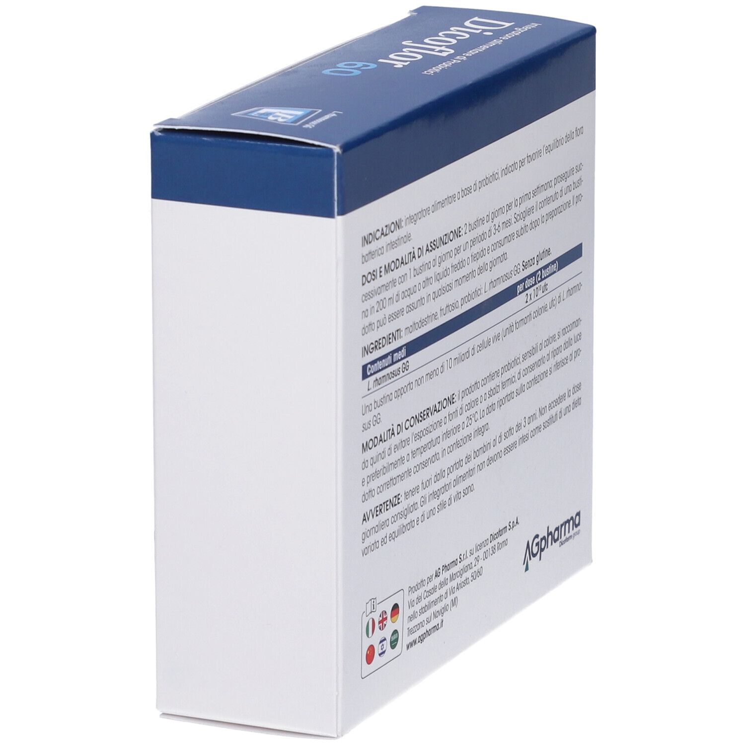 Scatola Dicoflor 60, angolata. Retro con testo. Ingredienti e modalità d'uso.