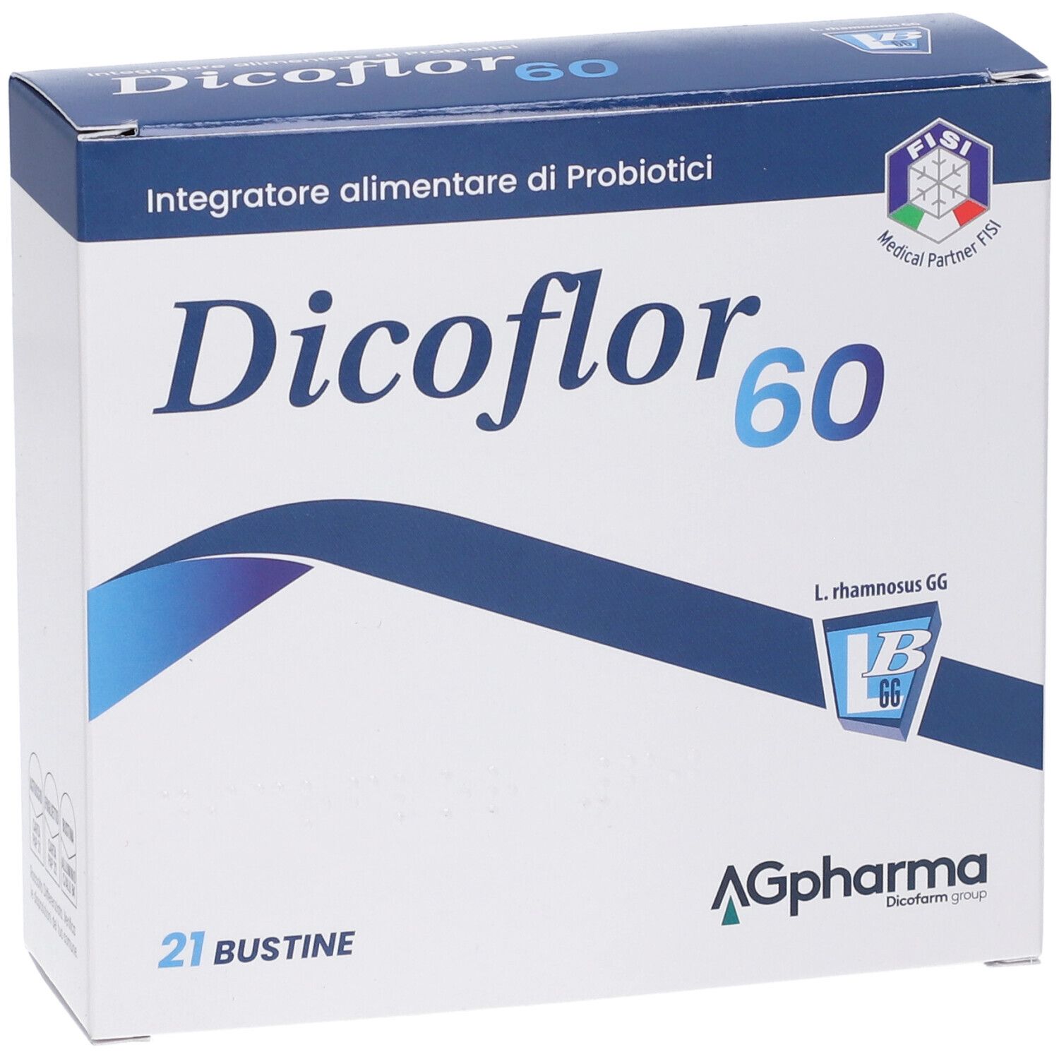 Fronte della scatola Dicoflor 60. Confezione blu e bianca. 21 bustine. Loghi visibili.