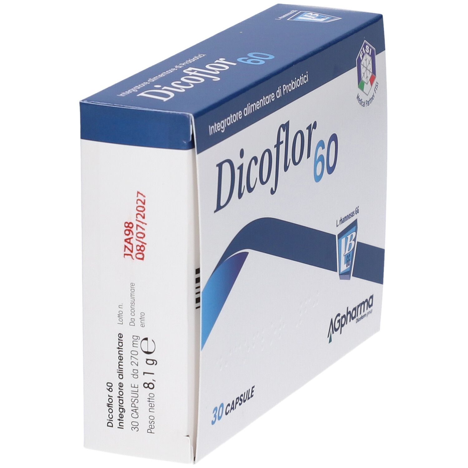 Scatola Dicoflor 60, angolata. Confezione blu e bianca. 30 capsule. Logo AGpharma. Data di scadenza.